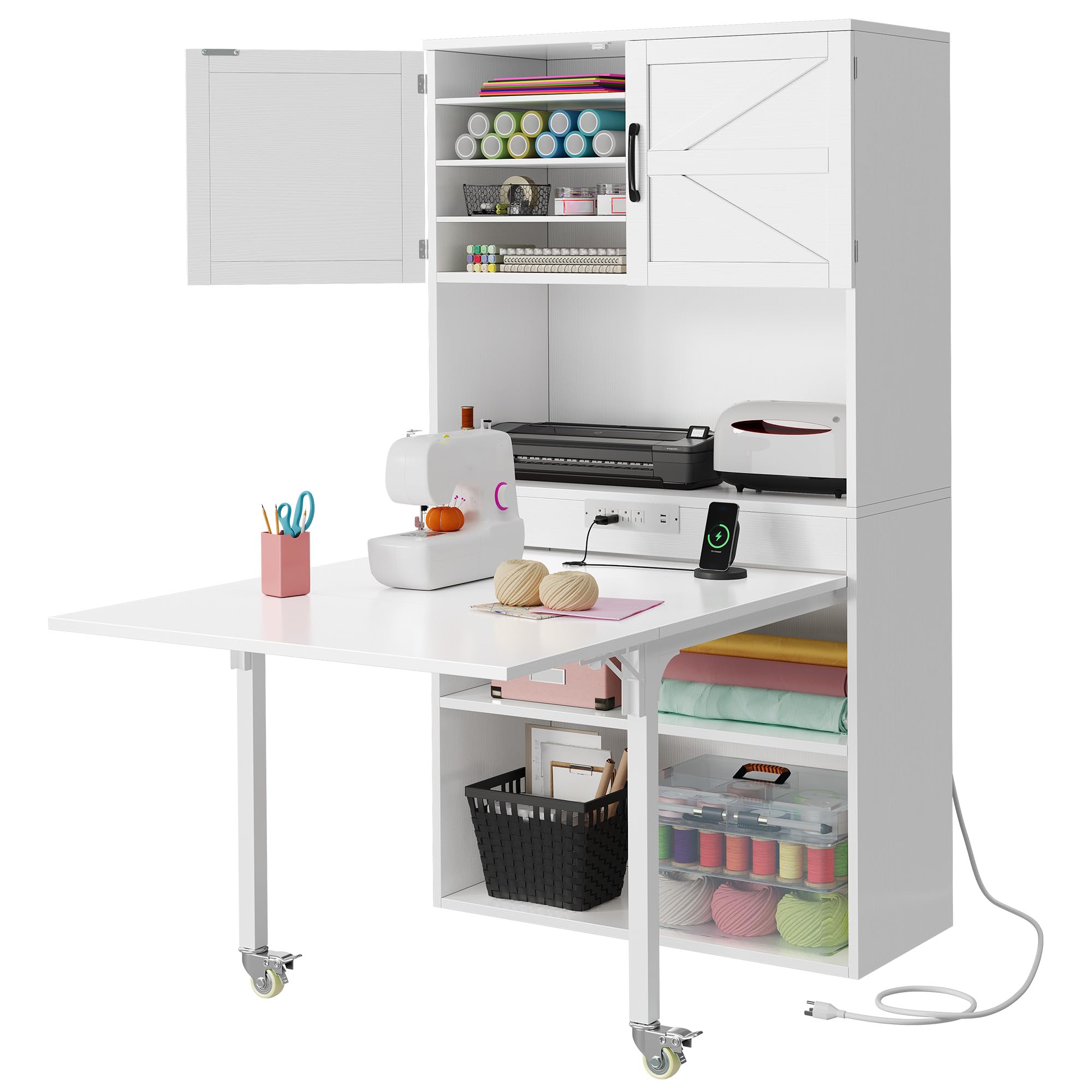 DWVO Sewing Craft Table with Storage, Craft Armoire with Fold-Out Table and USB Power Outlets, Large Capacity Sewing Cabinet with Expandable Desk, Adjustable Shelves for Home or Studio