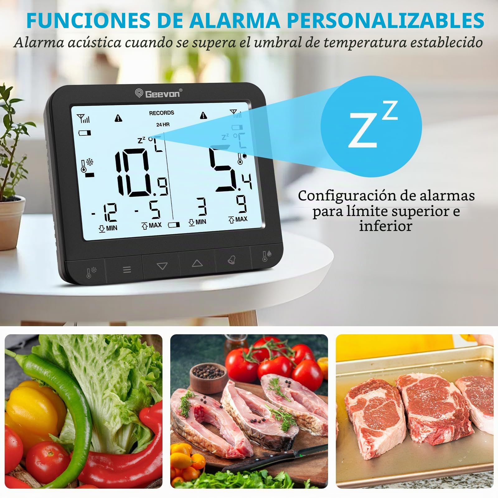 Geevon Termómetro para frigorífico con 2 sensores, termómetro digital para congelador con registro máximo/mín, alarma, termómetro digital, para interior y frigorífico