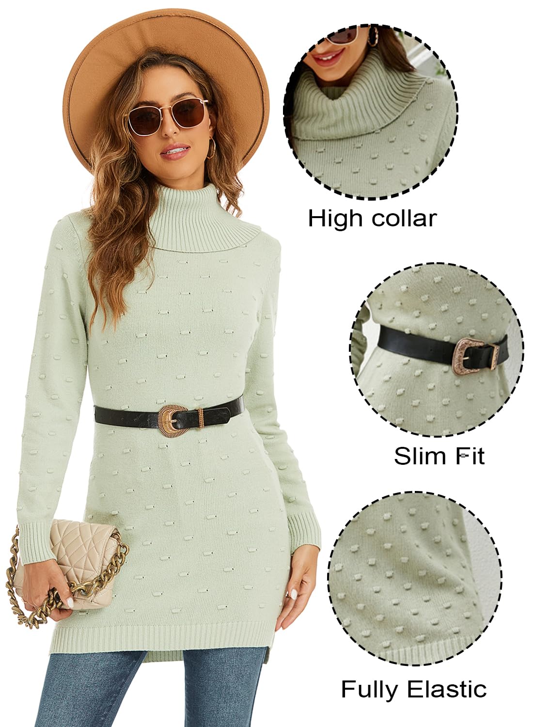 NLAND Maglione in Vestito Donna Invernale Abito Lunghe Cuello Casuala Solido Maniche Lunga Adatto Alto Elegante Caldo Aderente Pullover Maglia