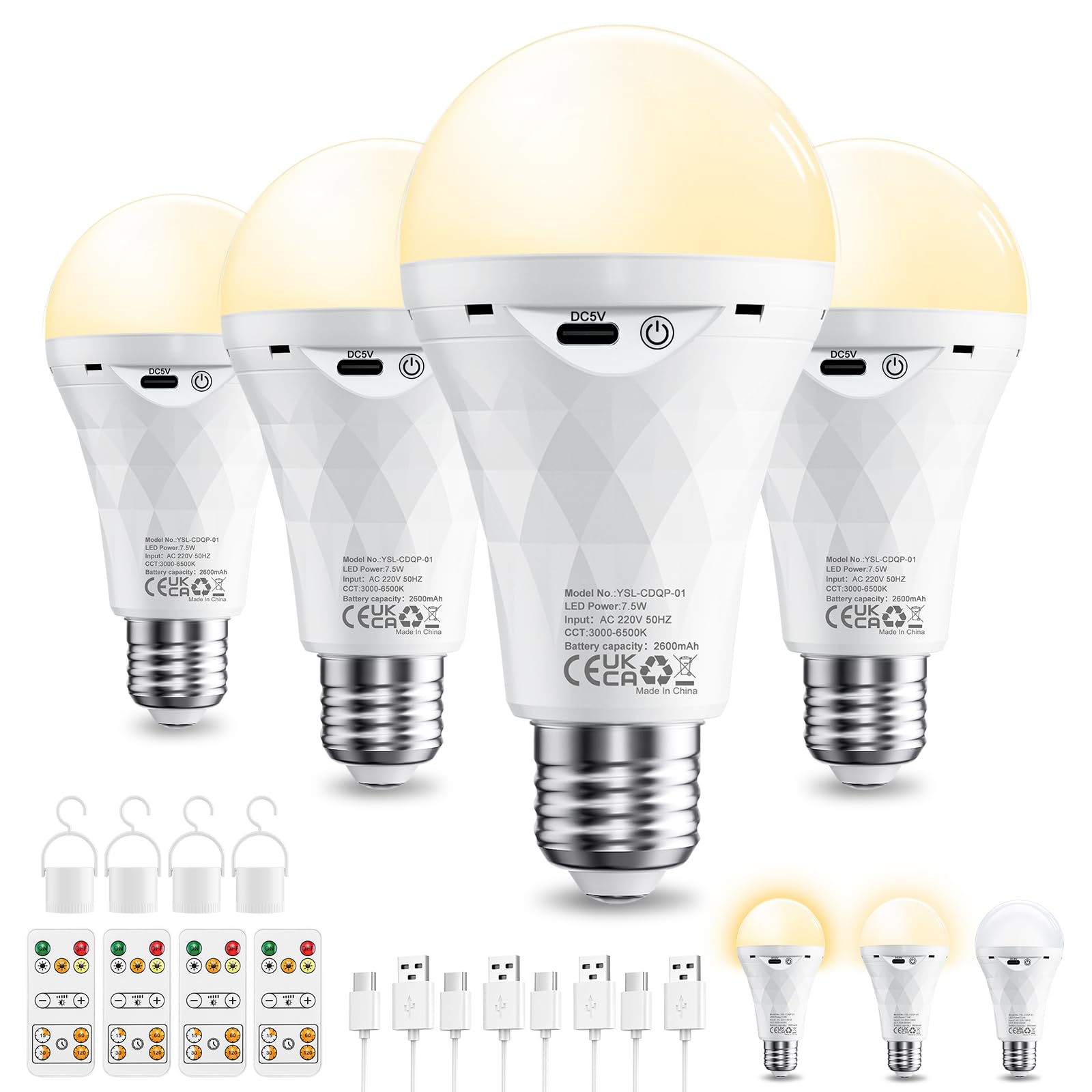 E27 2600mAh Lampadina LED Ricaricabile con Telecomando Timer, Lampada Emergenza Dimmerabile (3000K/4000K/6500K), Attacco&USB Ricaricabile Doppia Funzione per Lampade Senza Corrente/Campeggio 4 Pezzi