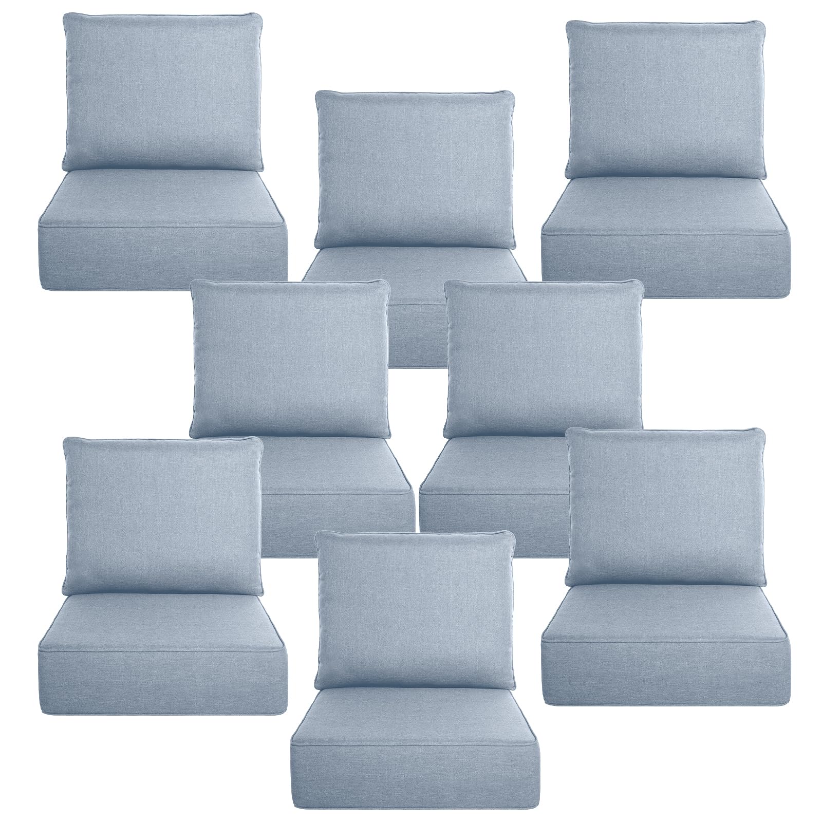 Luxury 6" Thick Outdoor Cushion Set 8 - 24x24 Patio Furniture Cushions with 28D High-Density Foam, Water-Resistant &amp; Fade-Resistant Fabric, Removable Covers for Patio Furniture Sofa Couch -Baby Blue