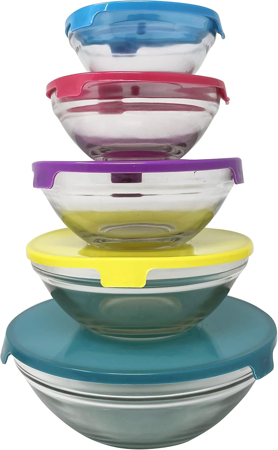HTUK Glass Storage Bowl Set Round Glass Bowl with Coloured Lids, 5Pcs