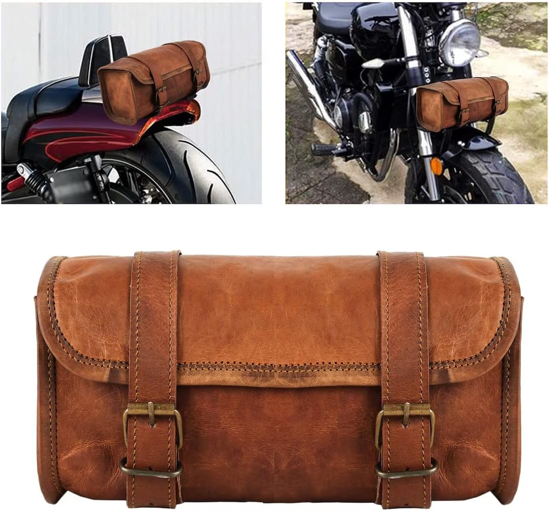 Genuine Leather Vintage Motorcycle 2 Strap Buckle Closure Tool Bag Brown Handlebar Sissy Bar Tool Pouch Roll Bags (Brown3)