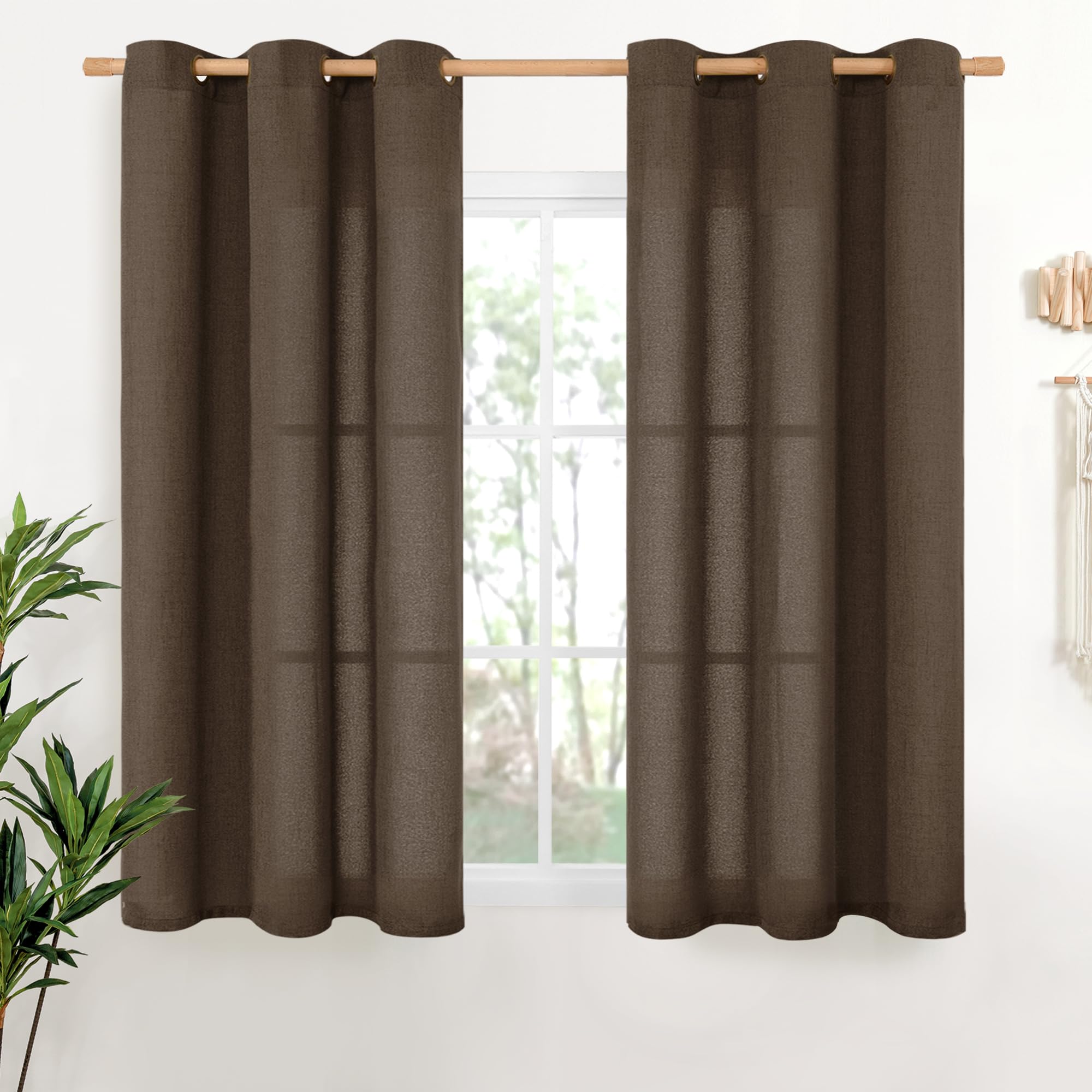 YoungsTex Brown Linen Curtains 48 Inch Length for Living Room Window, Light Filtering Drapes Semi Sheer with Bronze Grommet Privacy for Bedroom, 42 x 48 Inch, 2 Panels