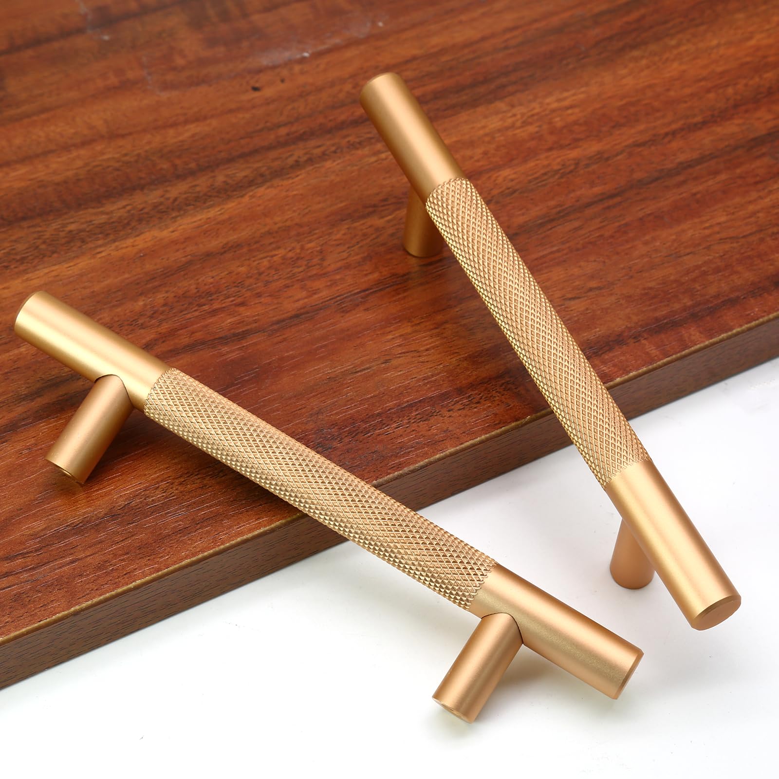 Cjueiom 6 Pack Gold T Bar Cupboard Handles, 96mm Hole Center, Wardrobe & Drawer Handles with Diamond Pattern, Kitchen Cabinet Pulls - Image 3