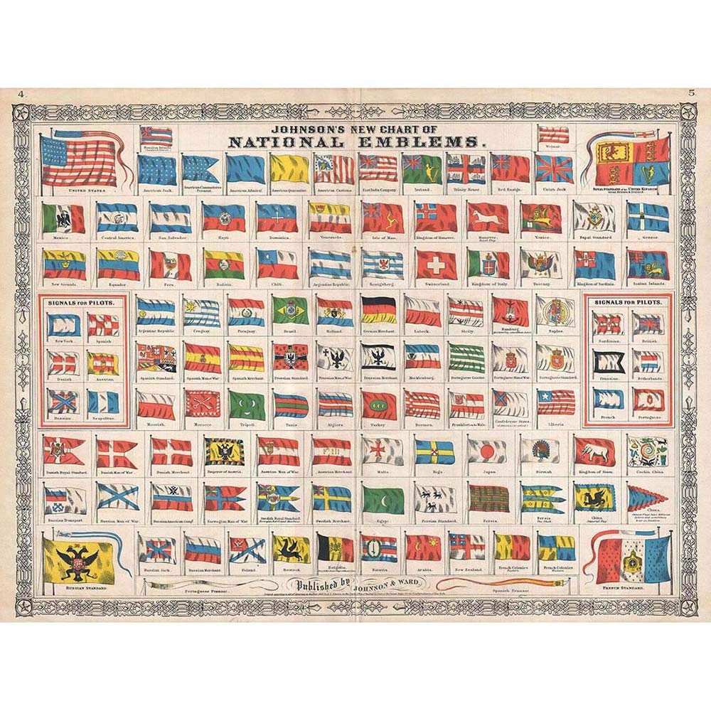 Wee Blue Coo 1864 Johnson Chart The Flags And National Emblems The World Art Print Poster Wall Decor 12X16 Inch