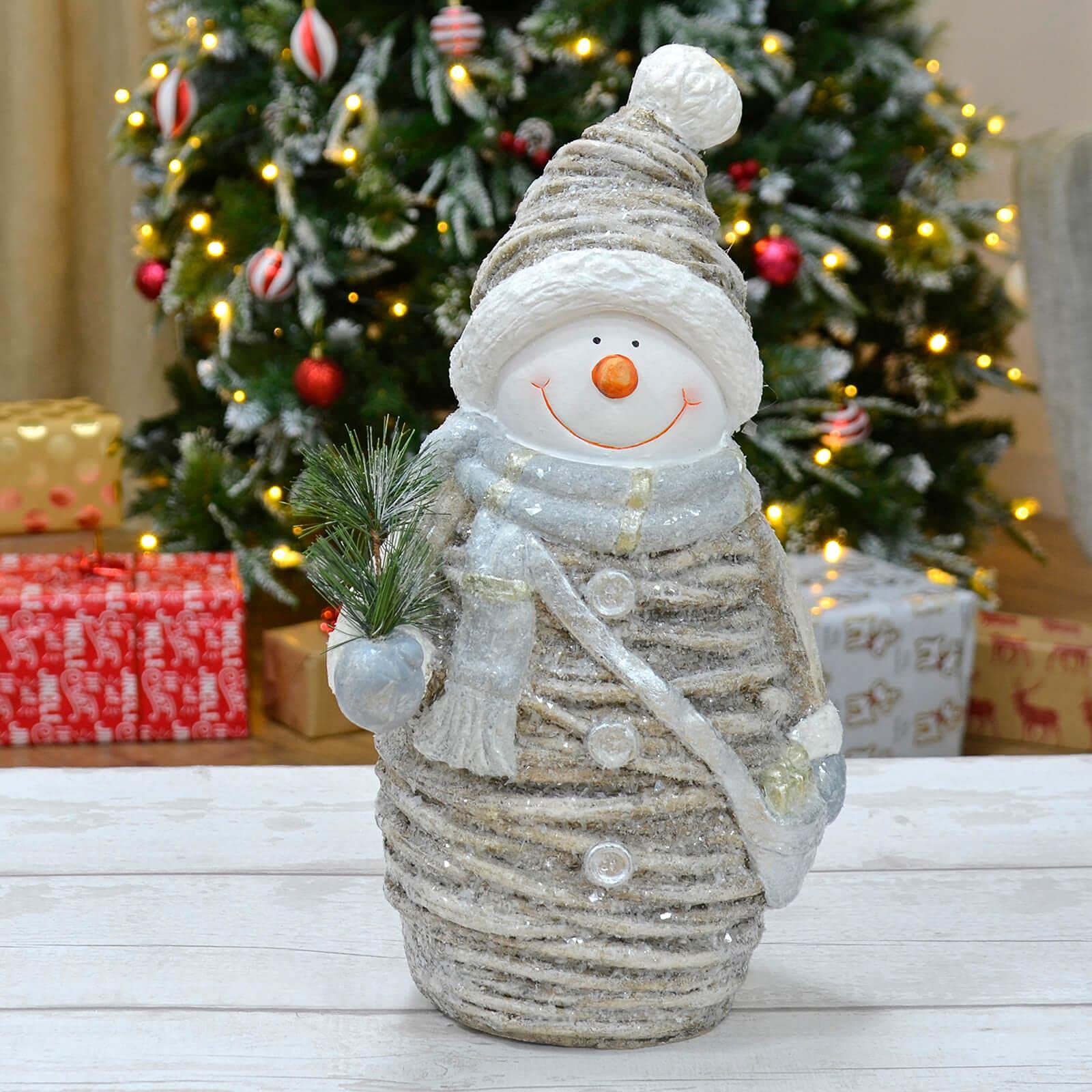 Mr Crimbo Snowman Large Christmas Decoration Rustic Ceramic Figure Pine Branch 45Cm