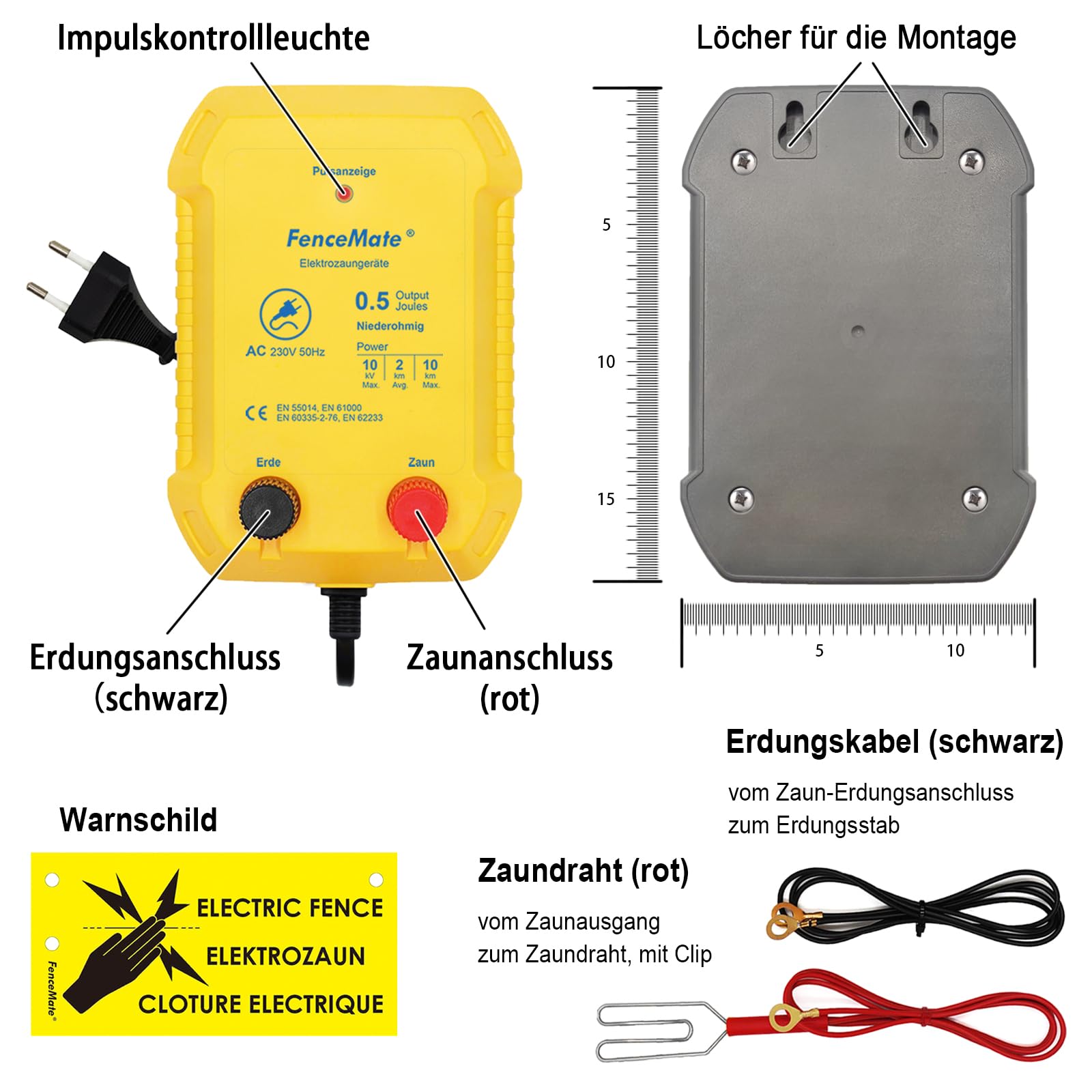 FenceMate 230V Weidezaungerät 0,5J Output für 2 bis 10 km, niedrige Impedanz Spitzenspannung 10kV für Geflügel, Vieh, Hobbytiere, Haustiere, Steuergerät zum Schutz von Gärten und Grundstücken