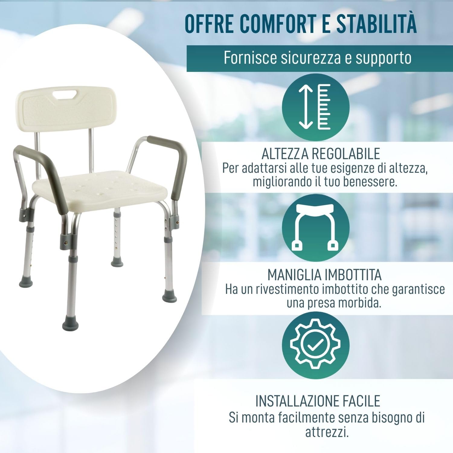 OrtoPrime Sedia da Doccia per Anziani con Schienale Rimovibile – Seggiolino Doccia Antiscivolo Regolabile in 6 Altezze – Sedile per Doccia Anziani e Disabili con Braccioli Imbottiti