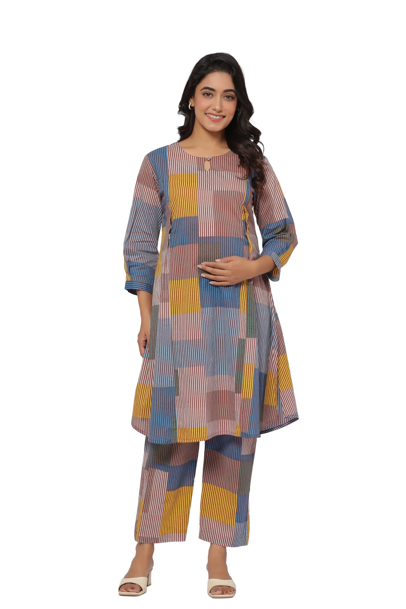 Pre & Post Maternity/Nursing Wear Hand Printed Night Suits/Dress Co-ord Set with Both Sides Zipper for Easy Feeding for to Be Moms & Nursing Mothers Pure Cotton Ocean Blue-image-21