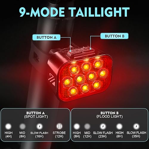 Miniatura 4 de BUCKLOS Luces de bicicleta delanteras y traseras para conducción nocturna, 10 LED ultra brillantes, 8+9 modos USB recargable faro y luz trasera,