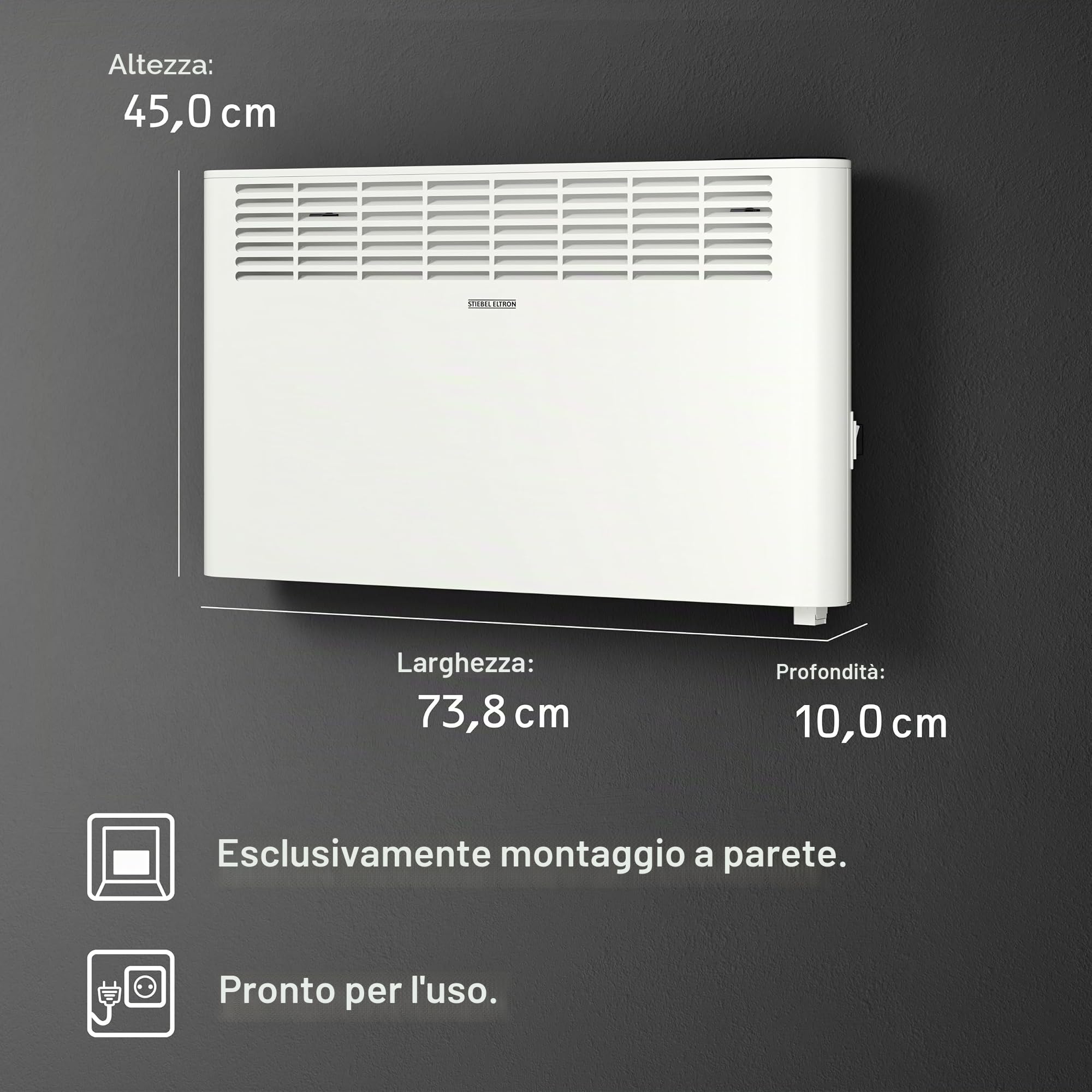 STIEBEL ELTRON Convettore da parete CNS 2000 Plus LCD, 2 kW per circa 25 m², certificato TÜV, display LCD, timer settimanale, riscaldamento elettrico a risparmio energetico, bianco, 205857