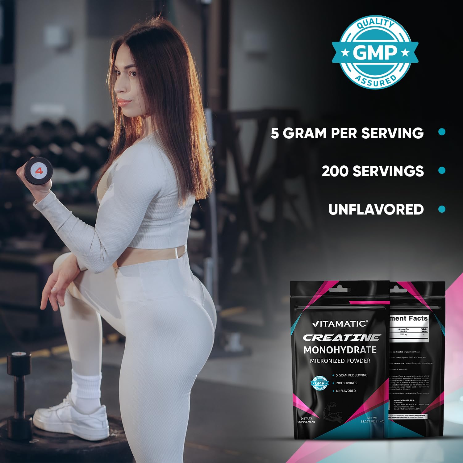 Vitamatic Creatine Monohydrate Powder – 5000 mg Per Serving, 1 kg, Unflavored, Micronized Creatine Supplement, Vegan, Non-GMO, Gluten Free — Amazon image 5