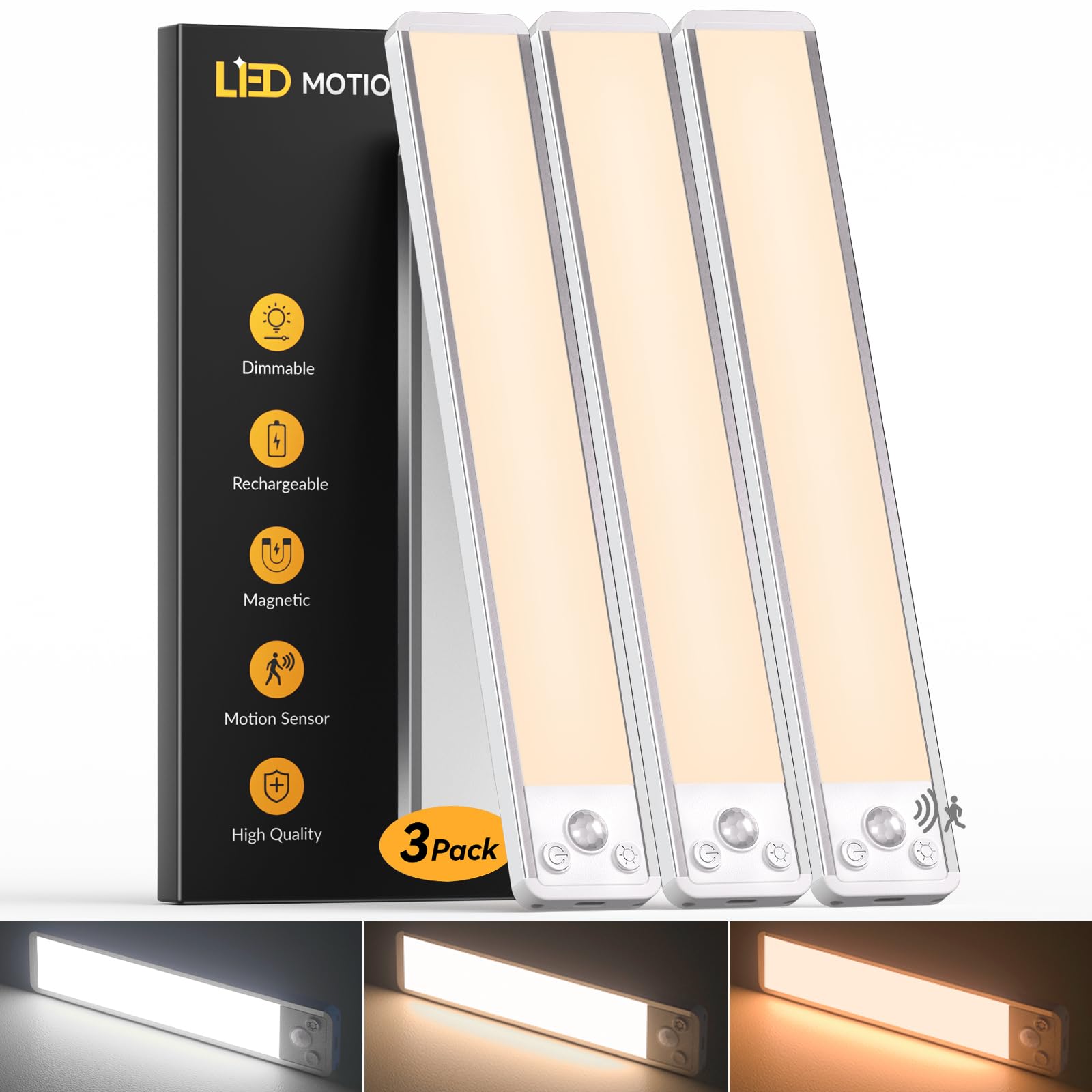 Schrankbeleuchtung Led Lampe mit Bewegungsmelder 30CM | 3-Farben | Dimmbar & 2200mAh Akku | Magnetische Bohrfreie | USB Aufladbar Unterbauleuchte für Küche, Flur, Treppe, Kleiderschrank (3 Stück)
