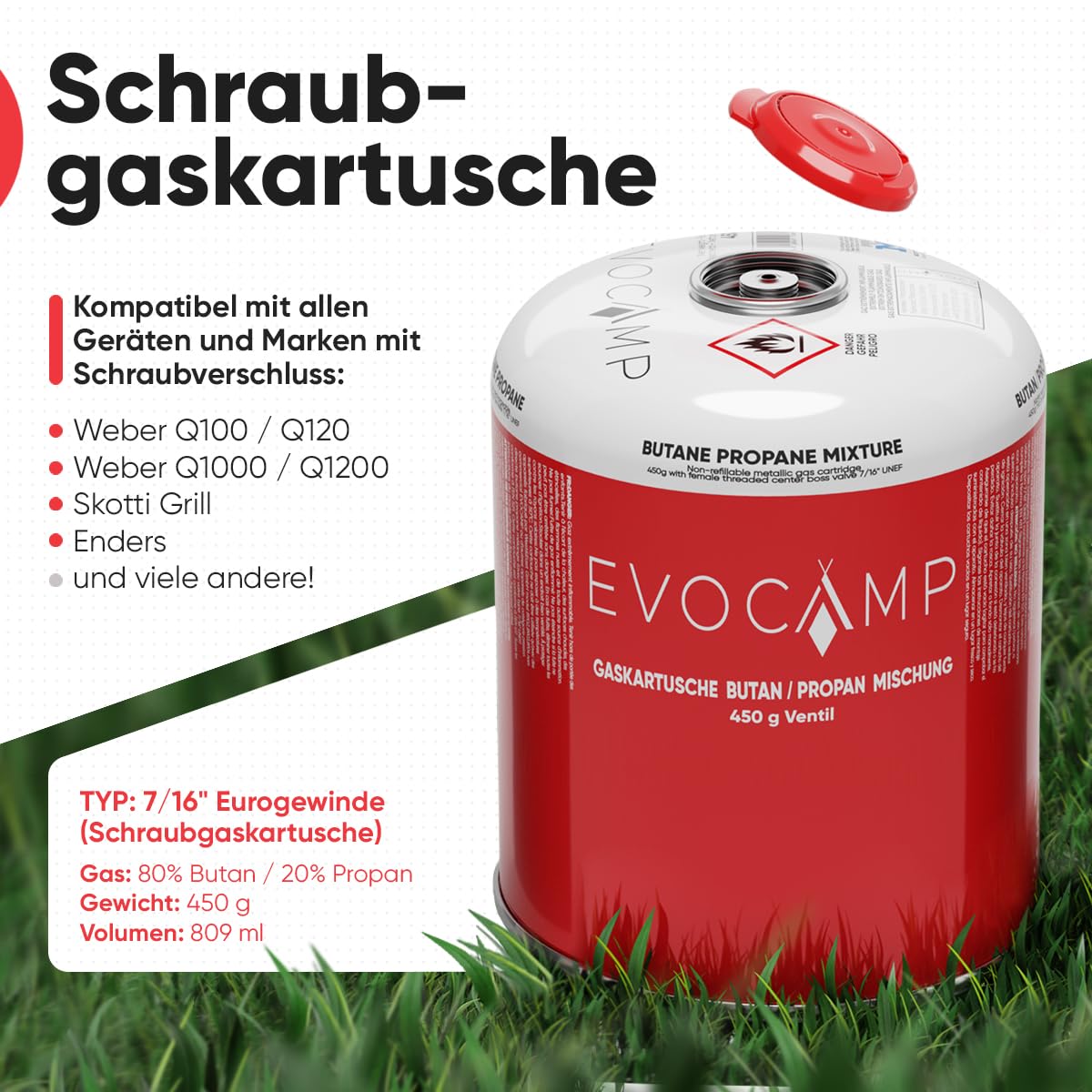 EVOCAMP 4x Propan Butan Gaskartuschen 450g einsetzbar für Weber Grills Q100/1000-Serien, Schraubkartusche Eurogewinde 7/16", Ventilkartusche 809ml mit Sicherheits-Verschlussautomatik