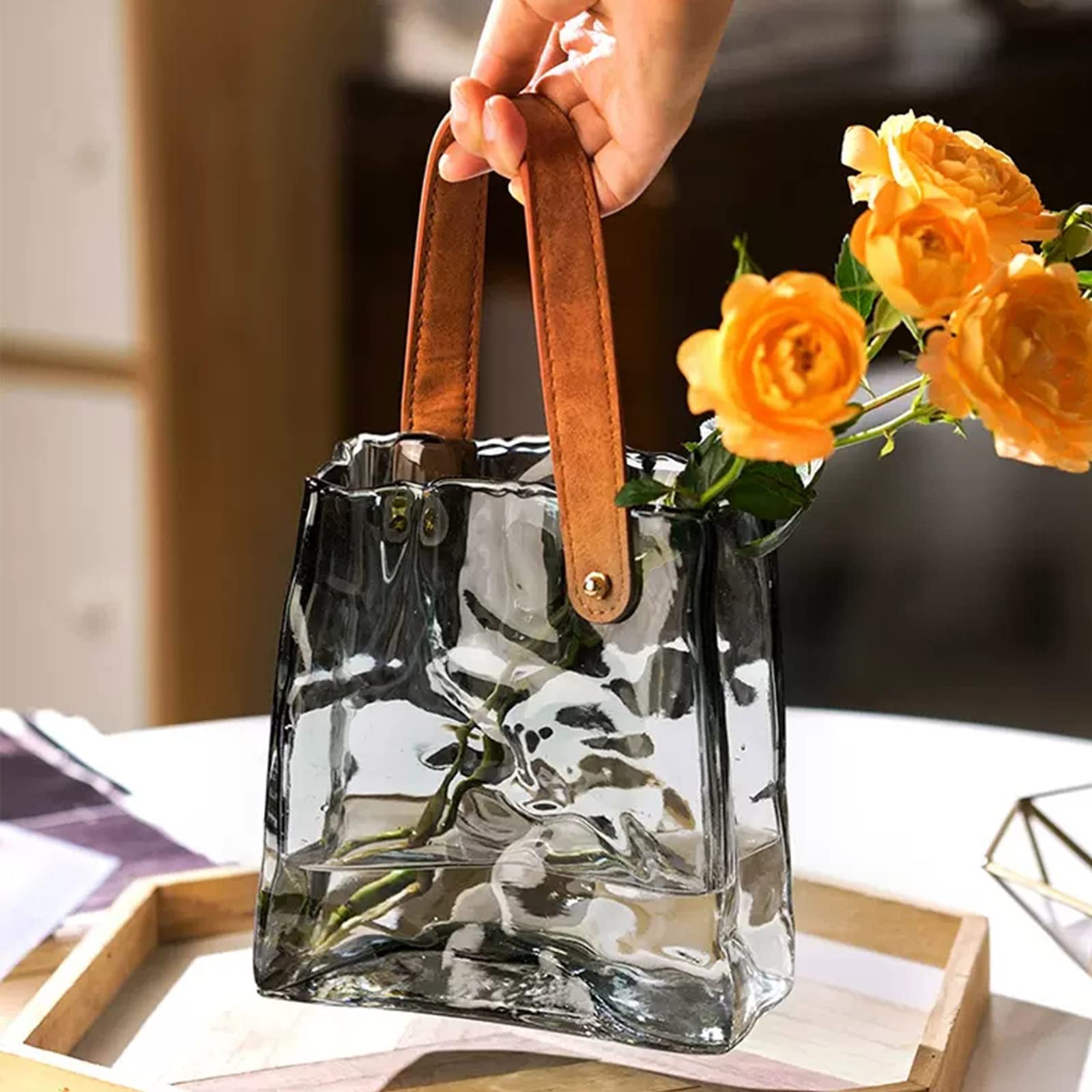 Ghzste Glazen zakvaas, unieke transparante portemonnee vaas met visschaal, transparante handmand, woonkamer, bloemstuk, creatieve tas, aquarium (transparant