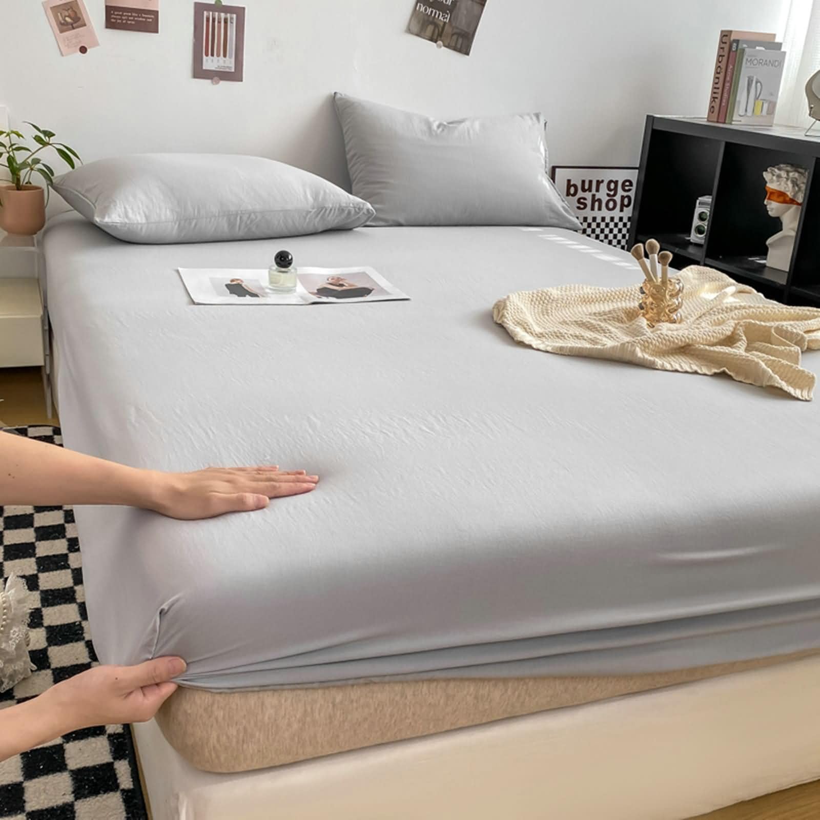 KnSam Copri-letto grigio chiaro, 120 x 200 cm, senza rumore, lenzuolo per matrimonio, tinta unita, resistente alle pieghe e allo sbiadimento, in poliestere, per letto a molle e topper