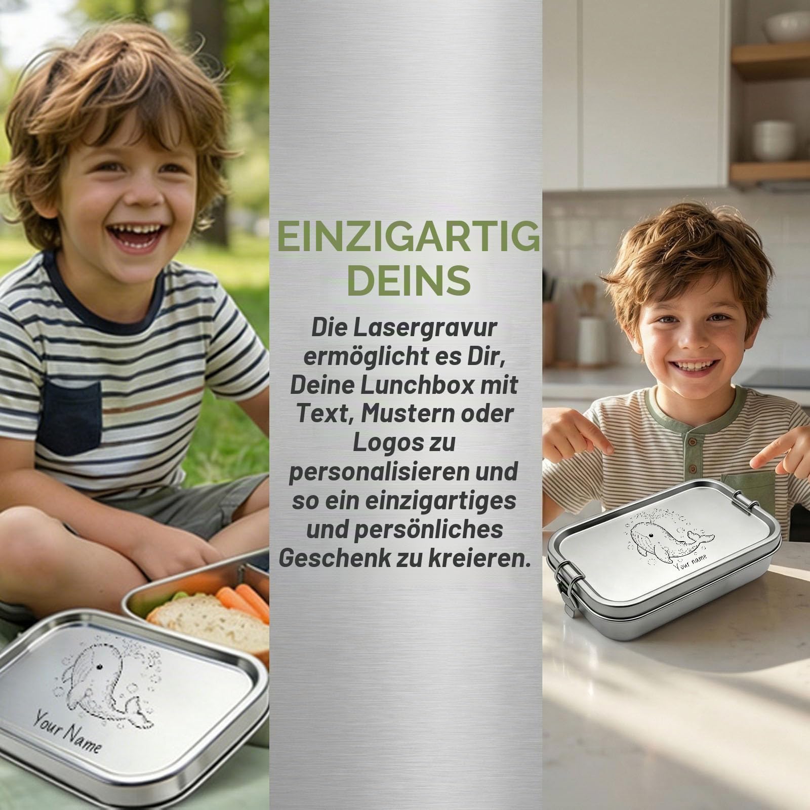 Personalisierte Edelstahl Brotdose Optional Fächern, mit 4-teilig Edelstahl Besteck, 700ml/1000ml/1650ml, Laserdruck mit Namen/Foto, Auslaufsichere Lunchbox für Kinder & Erwachsene, Bento Box(1650ML)