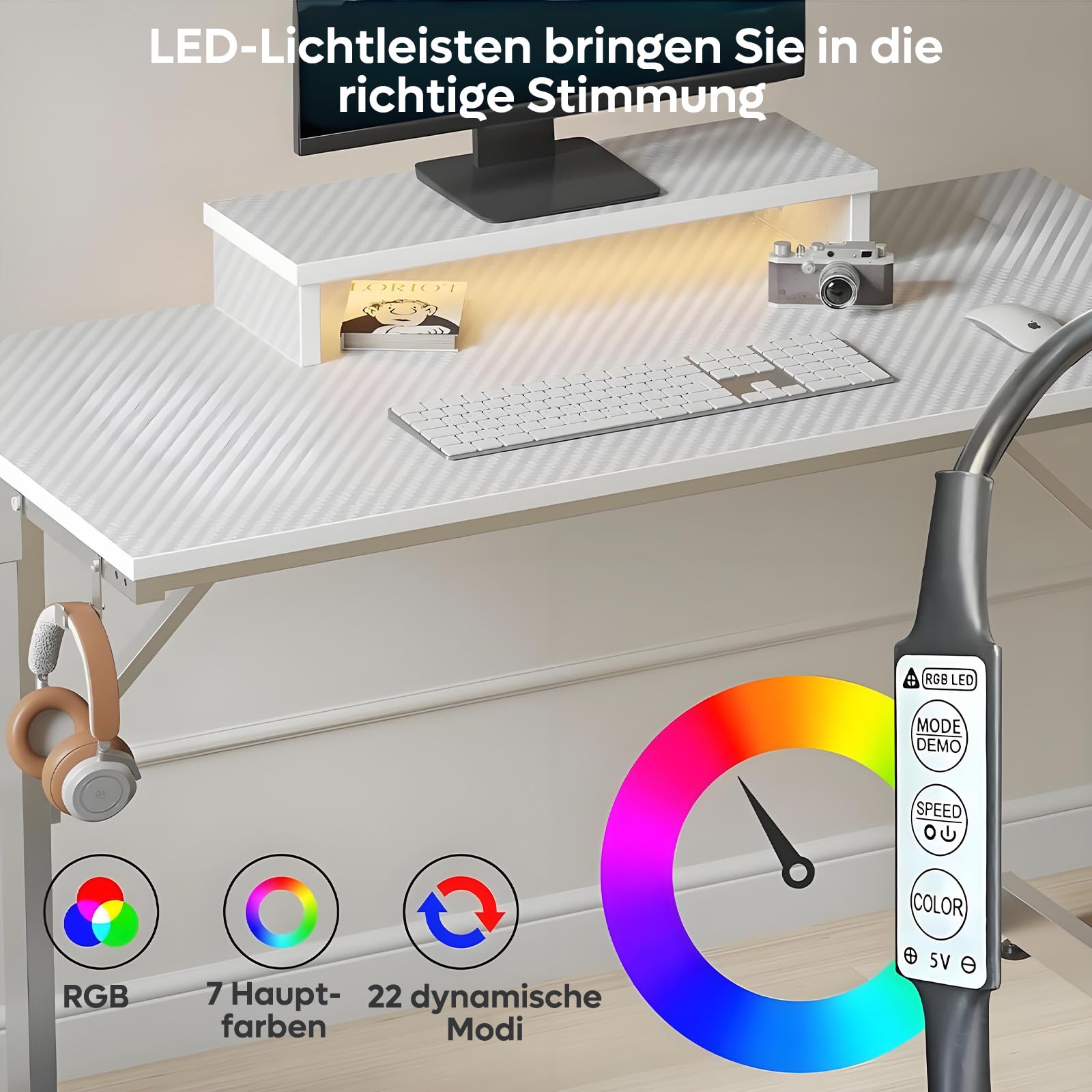 Bestier Scrivania da Gioco con LED, Tavolo con Supporto per Monitor e Rivestimento in Fibra di Carbonio, Scrivania per Computer con Portabicchieri e Gancio per Cuffie, Bianco 106 cm