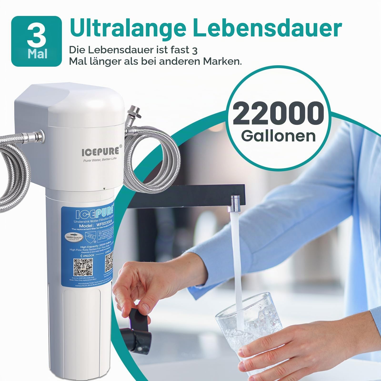 ICEPURE Untertisch Wasserfiltersystem - Direktanschluss entfernt 99,99% Chlor, hohe Chlorreduktionskapazität von 22000 Gallonen verbessert Geschmack und Geruch，USA Tech
