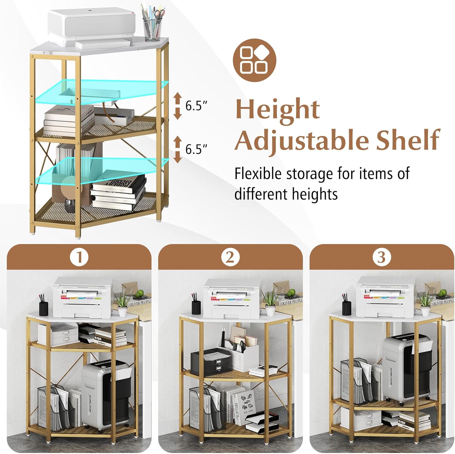 GOFLAME Corner Printer Stand with Charging Station, Freestanding 3-Tier Printer Table with Adjustable Metal Mesh Shelf, Storage Rack Organizer for Home Office Living Room (White)