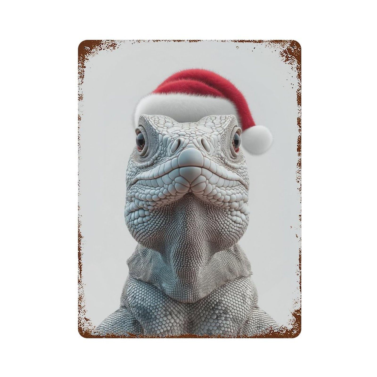Christmas Iguana in Santa Hat Rustic Tin Plaque 15.7"x11.8", Ideal for Shed, Workshop And Garage Wall Decor