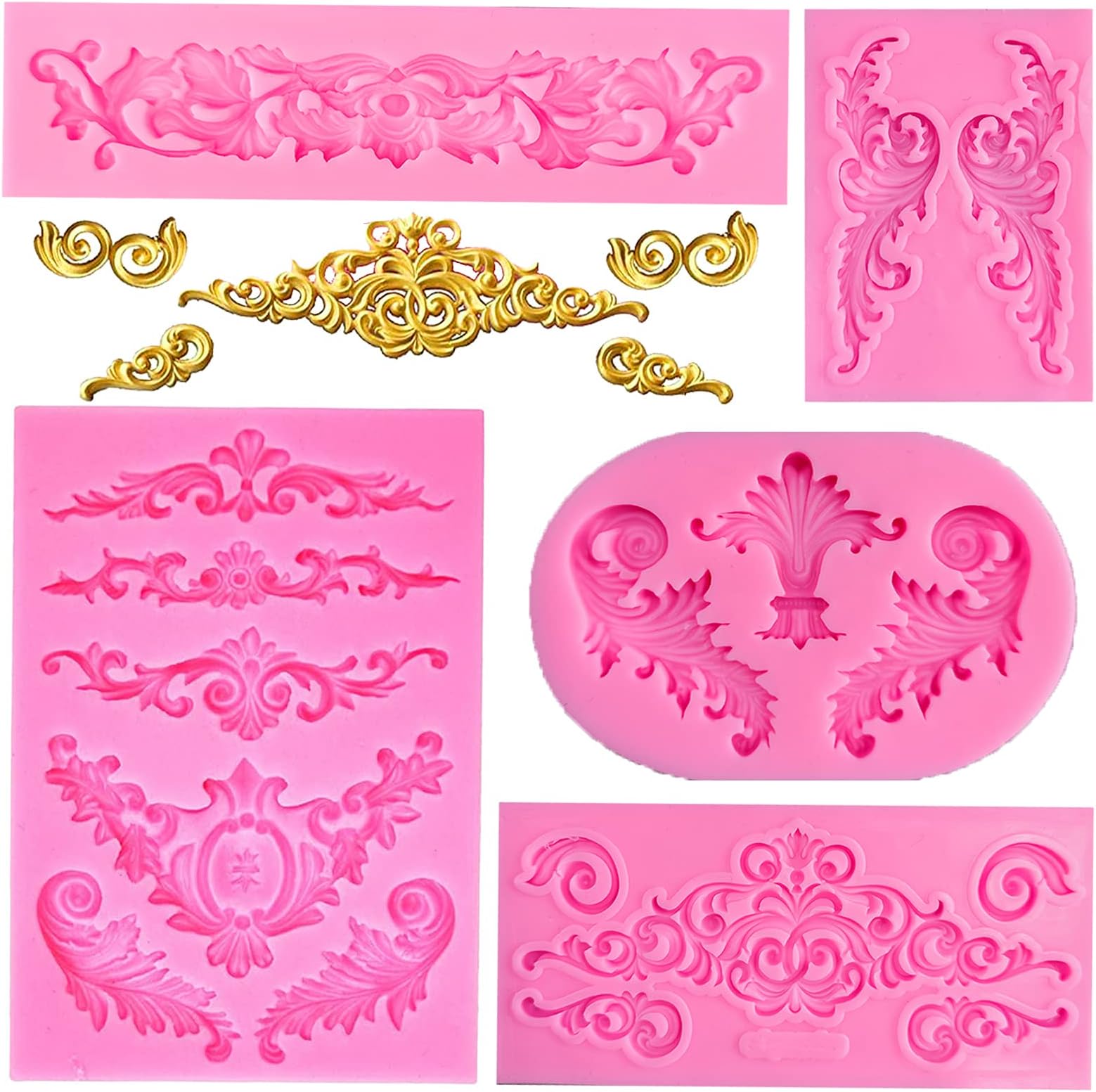 5 Pcs Baroque Style Curlicues Scroll Lace Fondant Silicone Mold, Relief Flower Lace Mould Filigree Mold 3D Sculpted Decoration, Cupcake Topper, Jewelry, Polymer Clay, Crafting Projects