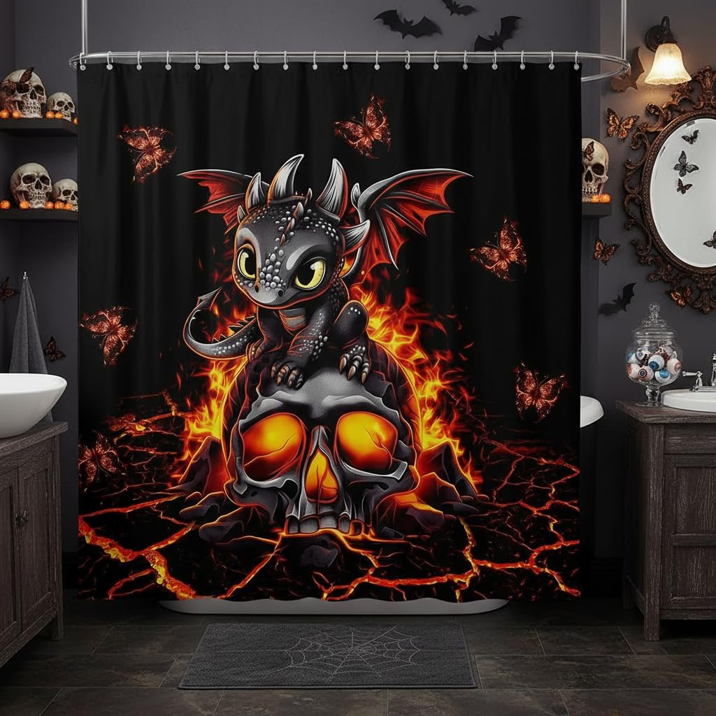 Cartoon Dragon Bath Curtain 72"x72" Black Skull Flame Crack Shower Curtain for Kids Decor Lovely Halloween Dragon Bathroom Shower Curtain Set