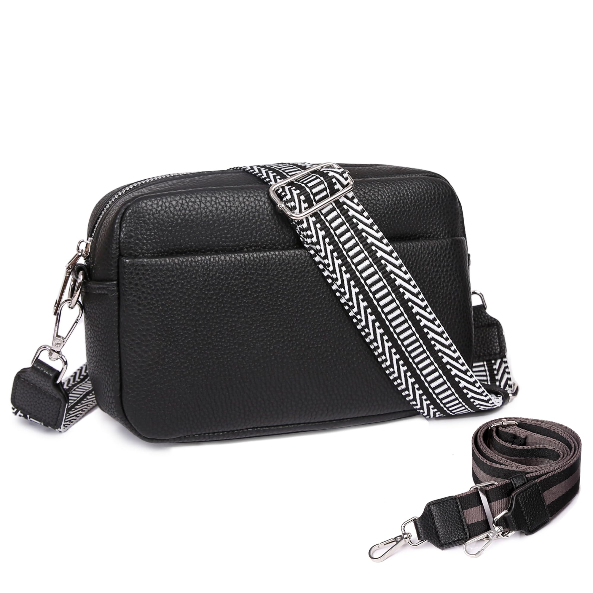 Kseymeir Small Shoulder Crossbody Bag for Women Vegan Leather Handbag Purse Triple Zip Wallet Purse Trendy Bag with Adjustable Strap (Black)