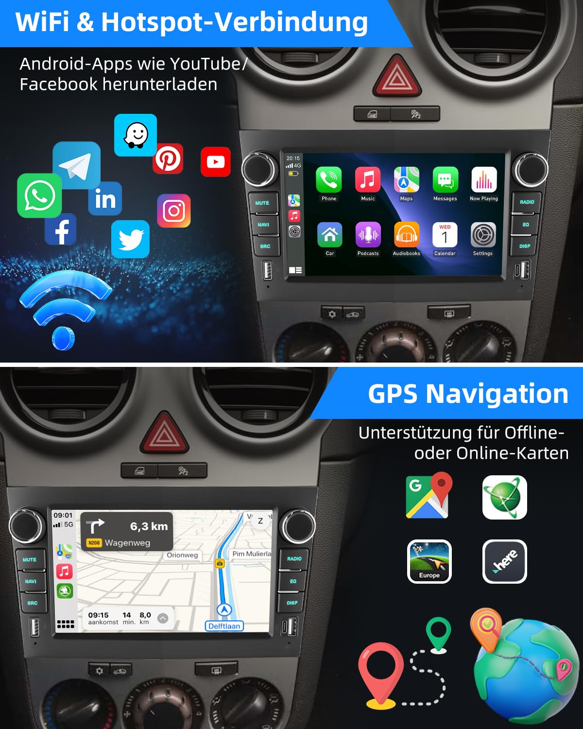 ESSGOO 4+64G Wireless Autoradio Android 14 mit Carplay und Android Auto Für Opel Corsa C/D Zafira B Astra G H 7 Zoll IPS Touchscreen Bluetooth FM RDS GPS Schwarz
