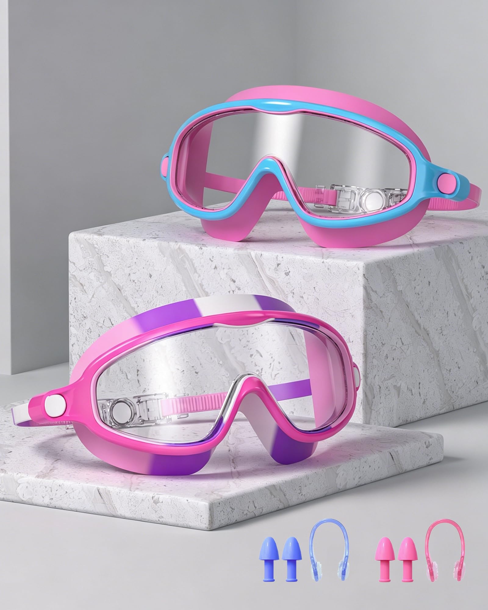 Schwimmbrille für Kinder von 3–15 Jahren mit großem Rahmen, Anti-Beschlag/UV, kein Auslaufen, Schwimmbrille für Jungen, Mädchen, Jugendliche, Kleinkinder (2 Stück)