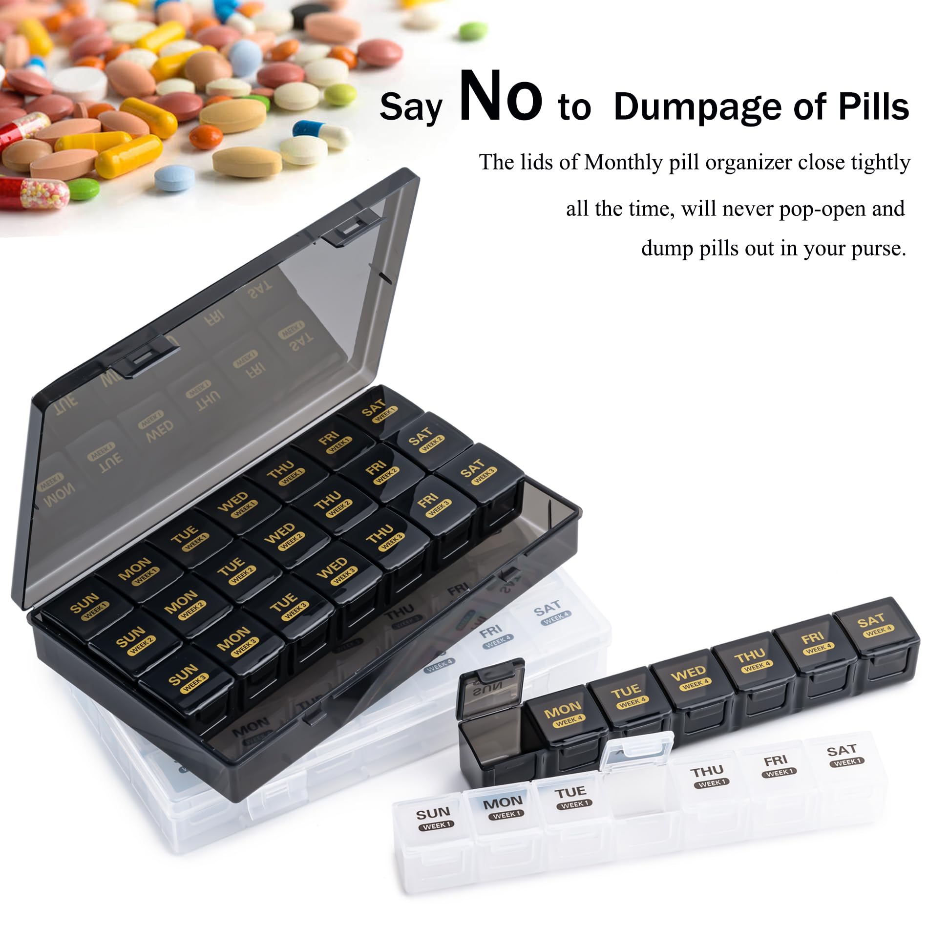 Organizador mensual de píldoras, pastillero de 28 días, 1 vez al día con estuche a prueba de polvo, contenedor grande para 4 semanas al mes, caja diaria de vitaminas para pastillas, medicamentos,