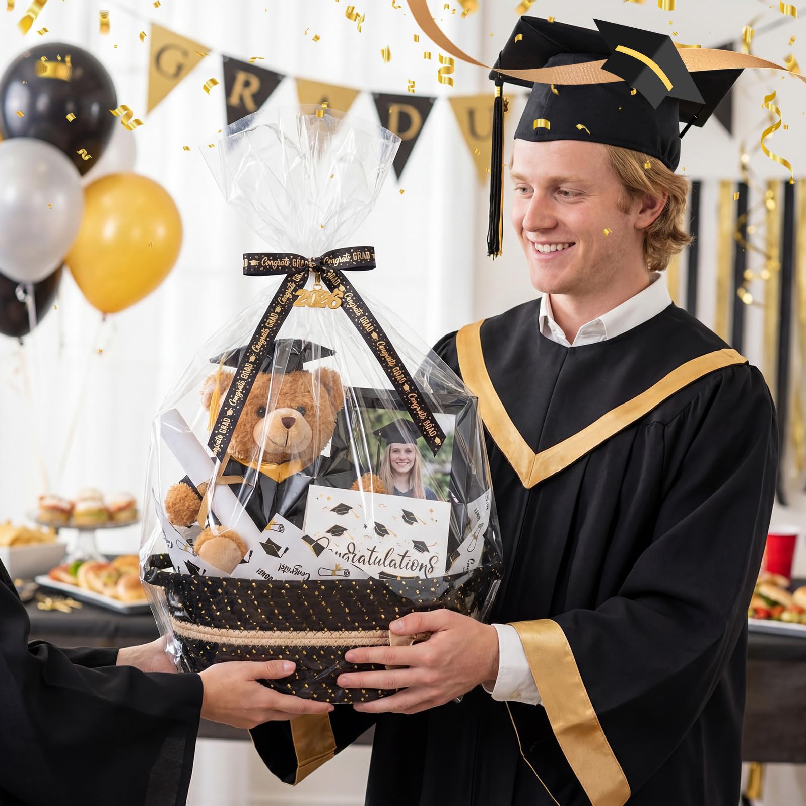 Colingmill Gift Basket for Graduation, Empty Woven Basket with Gift Bag Bow and Tissue Paper, Decorative Rope Baskets for 2026 Grad Keepsake Gifts, 14"x 10"x 5.5"(Black)