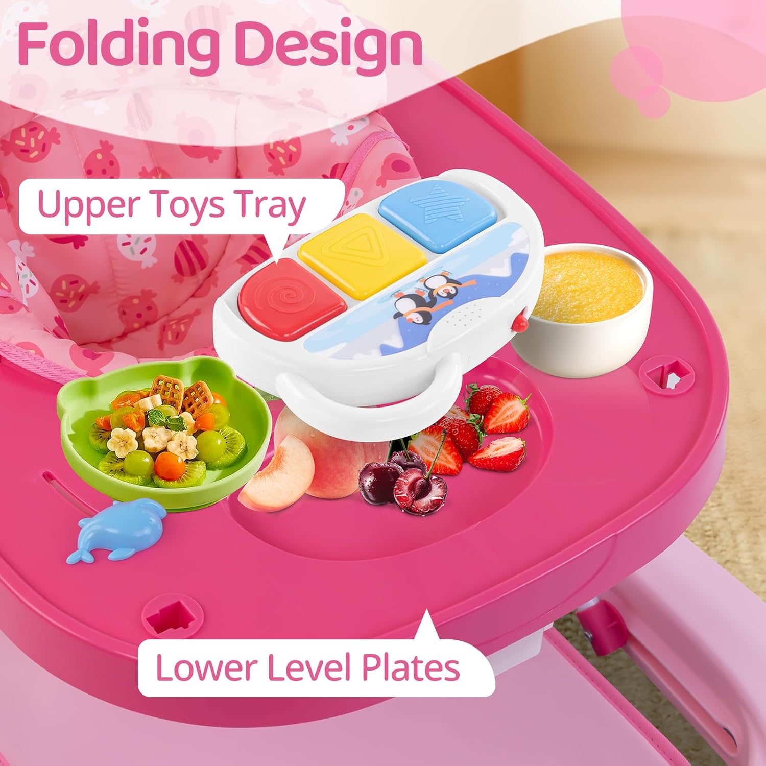 Baby Walker, Music & Removable Footrest with Toys, 3-Height Adjustable, Foldable 4-in-1 Activity Center for Infant and Toddler, Baby Walker for Baby Boy Girls 7–18 Months - Image 3