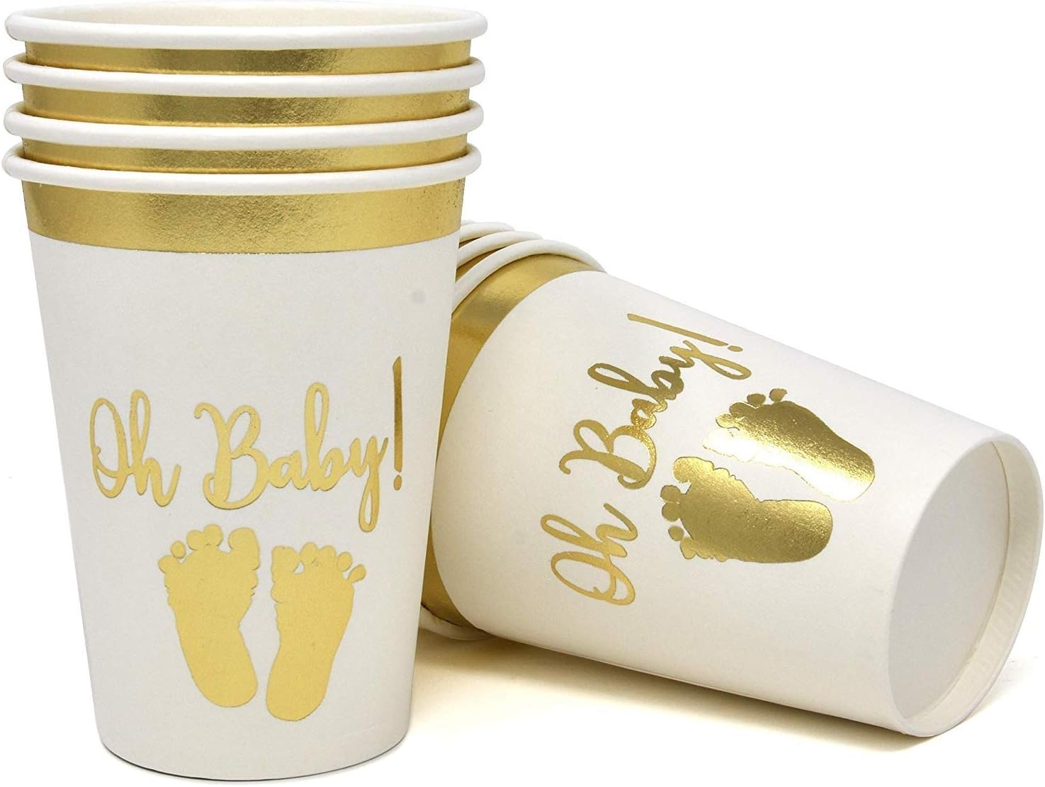 Gift Boutique 50 Baby Shower Cups 9 oz Paper Disposable Cup Tableware for Boys or Girls Neutral Gender Reveal Party Supplies Decorations Gold Foil and White Oh Baby with Baby Footprints