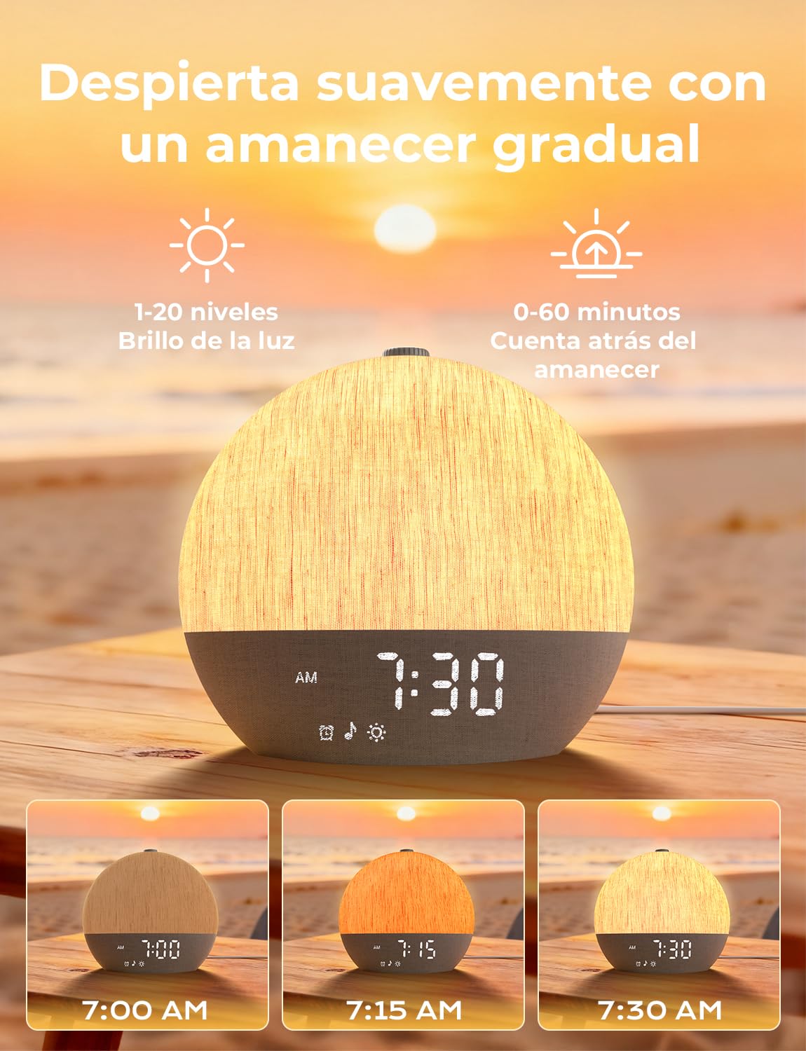 LIORQUE Despertador Amanecer, Despertador Luz Natural Simulación de Amanecer, 17 Modos de Luz, 30 Sonidos Relajantes, Modo de Ayuda para Dormir, Conexión Bluetooth, Función Alarma y Snooze