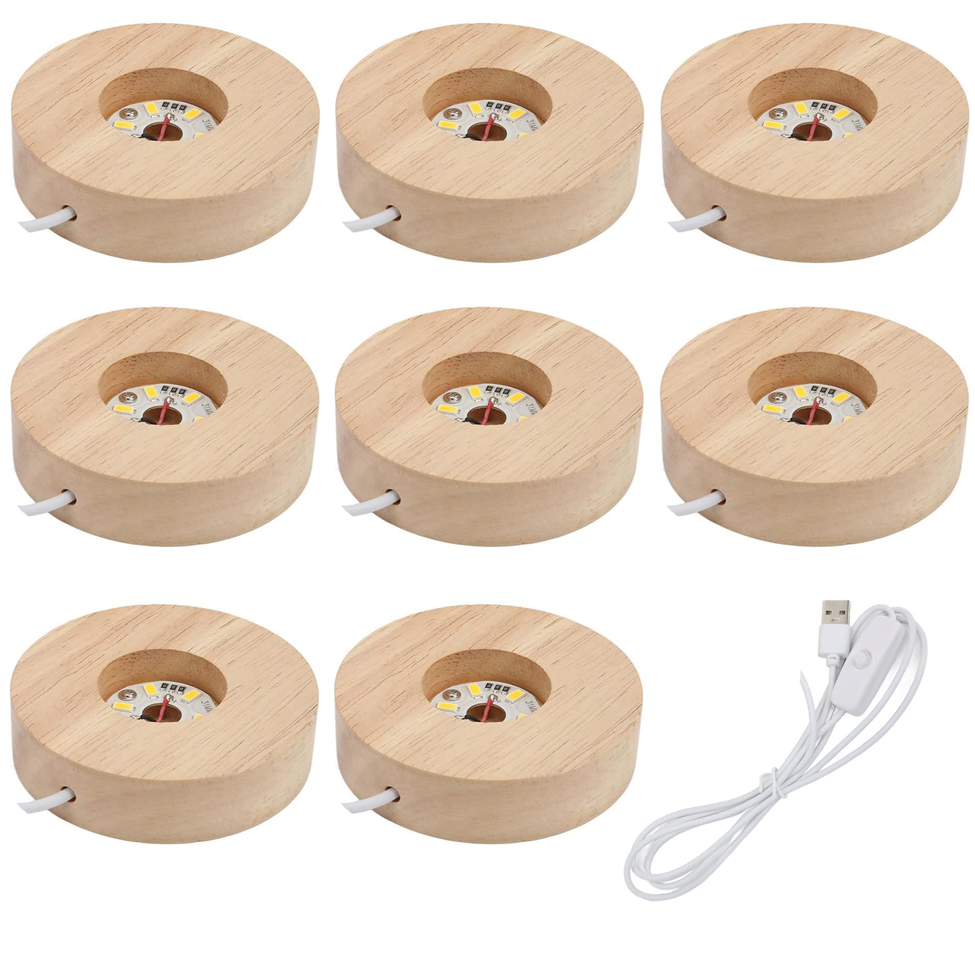 8-Pack Warm Light LED Base for Crystal Glass Ball - 2.5in LED Wood Display Base - Glass Crystal Artwork, Holiday Party Decoration