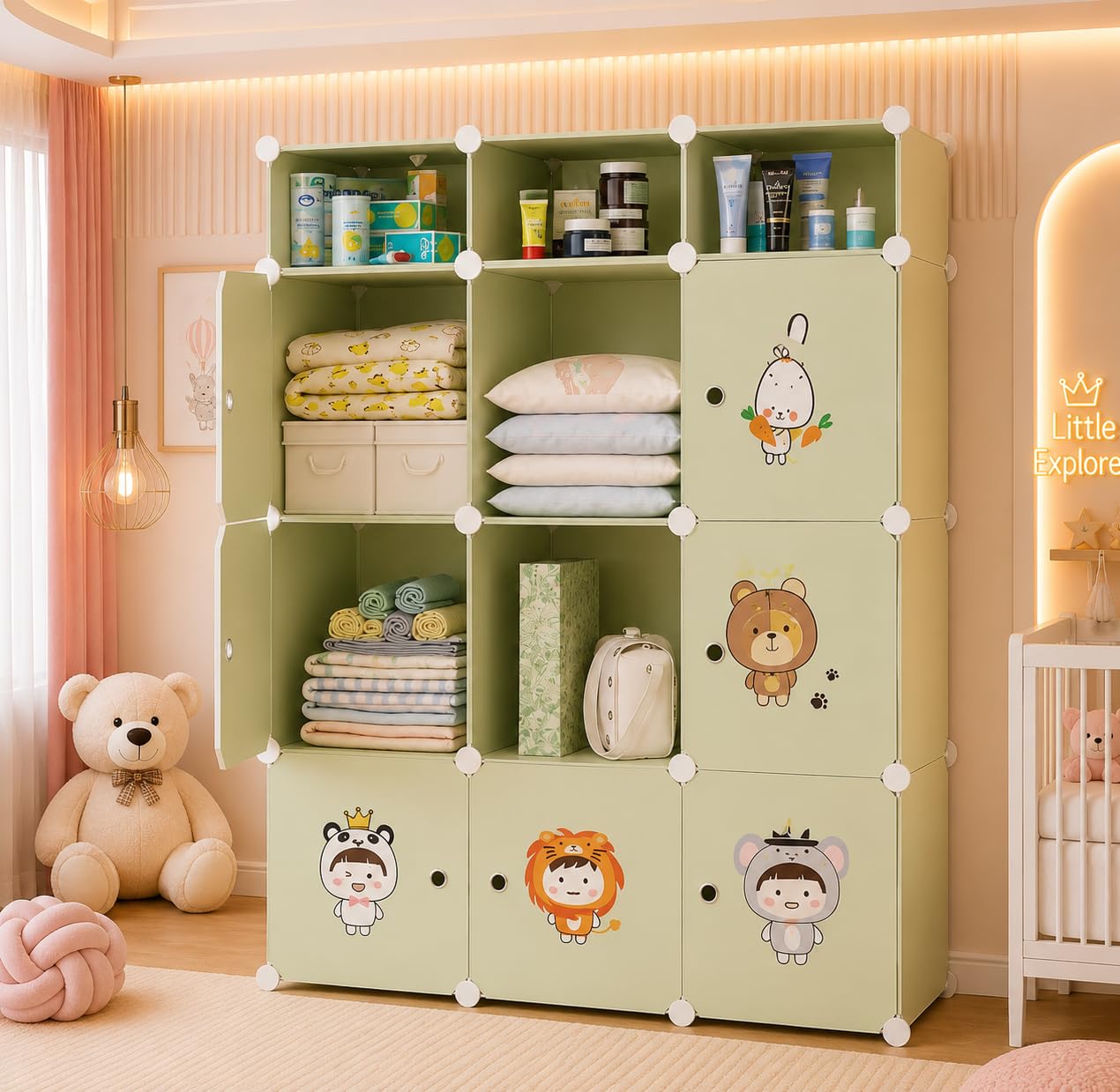 SNKR ESSENTIALS Plastic Wardrobe for Clothes | Plastic Almirah for Kids | 9-Cube Baby Cupboard for Clothes Storage | Portable Collapsible Wardrobe | DIY Kids Almirah for Bedroom – Cute Animal Print