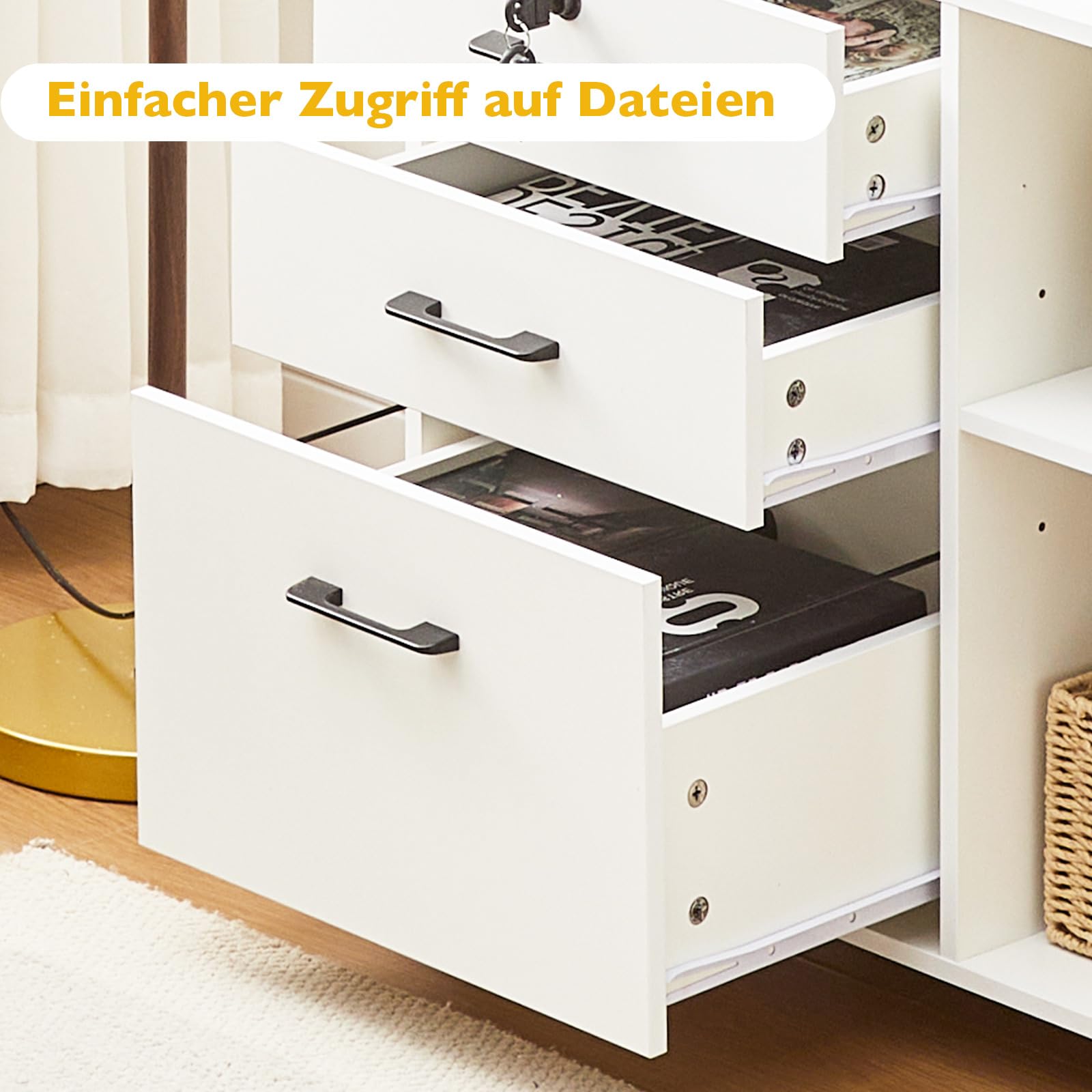 CLIPOP Rollcontainer,abschließbar,mobiler Aktenschrank mit 5 Rollen,3 Schubladen,Schubladenschrank Büroschrank Bürocontainer mit Steckdose,für Büro Zuhause,Weiß