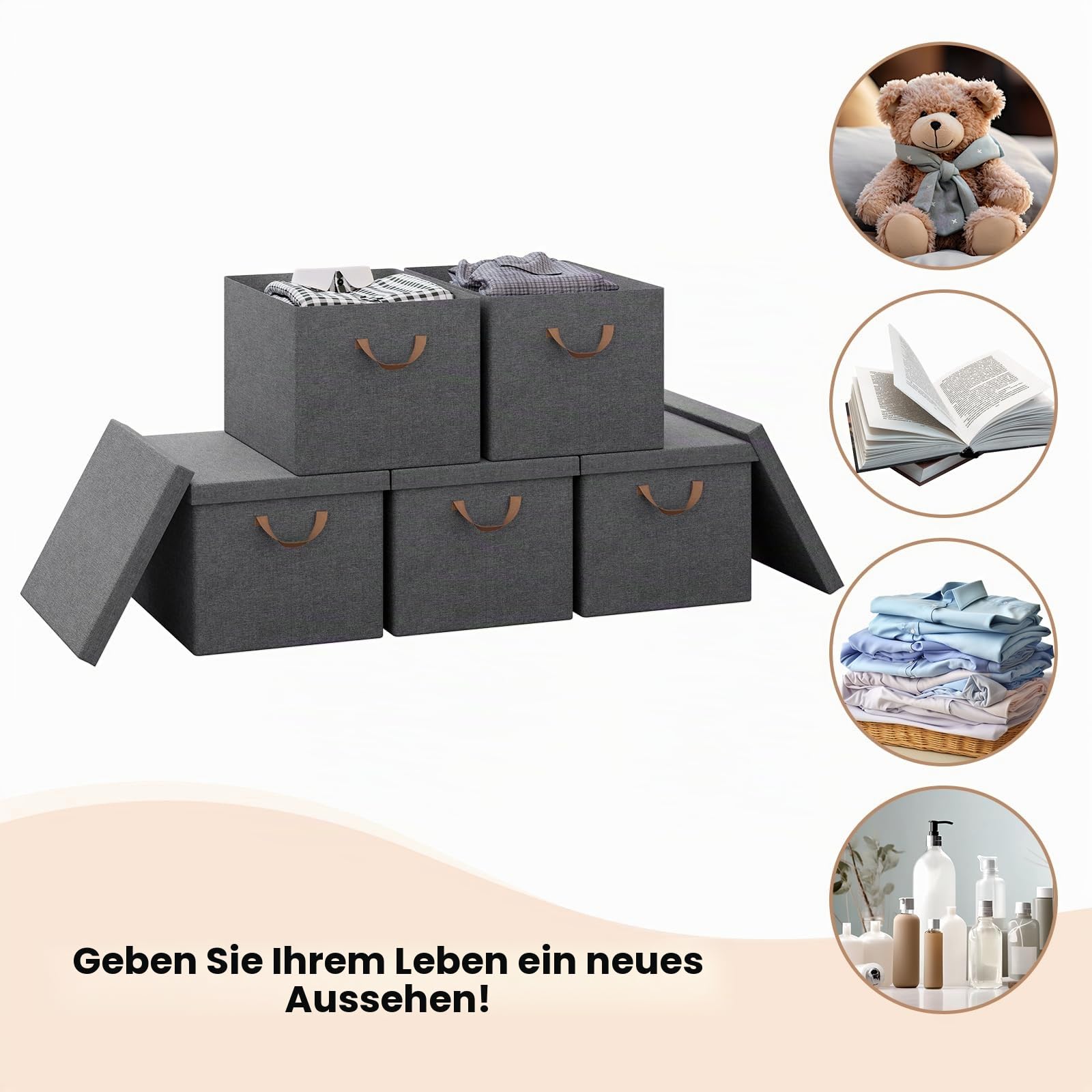 WOLTU Faltbare Aufbewahrungsboxen 10 Stück, mit Deckel, Grau, 48x36x30cm | aus Polyesterstoff, für Schlafzimmer, Arbeitszimmer, Wohnzimmer, Organizer Box mit Griffen, faltbar,