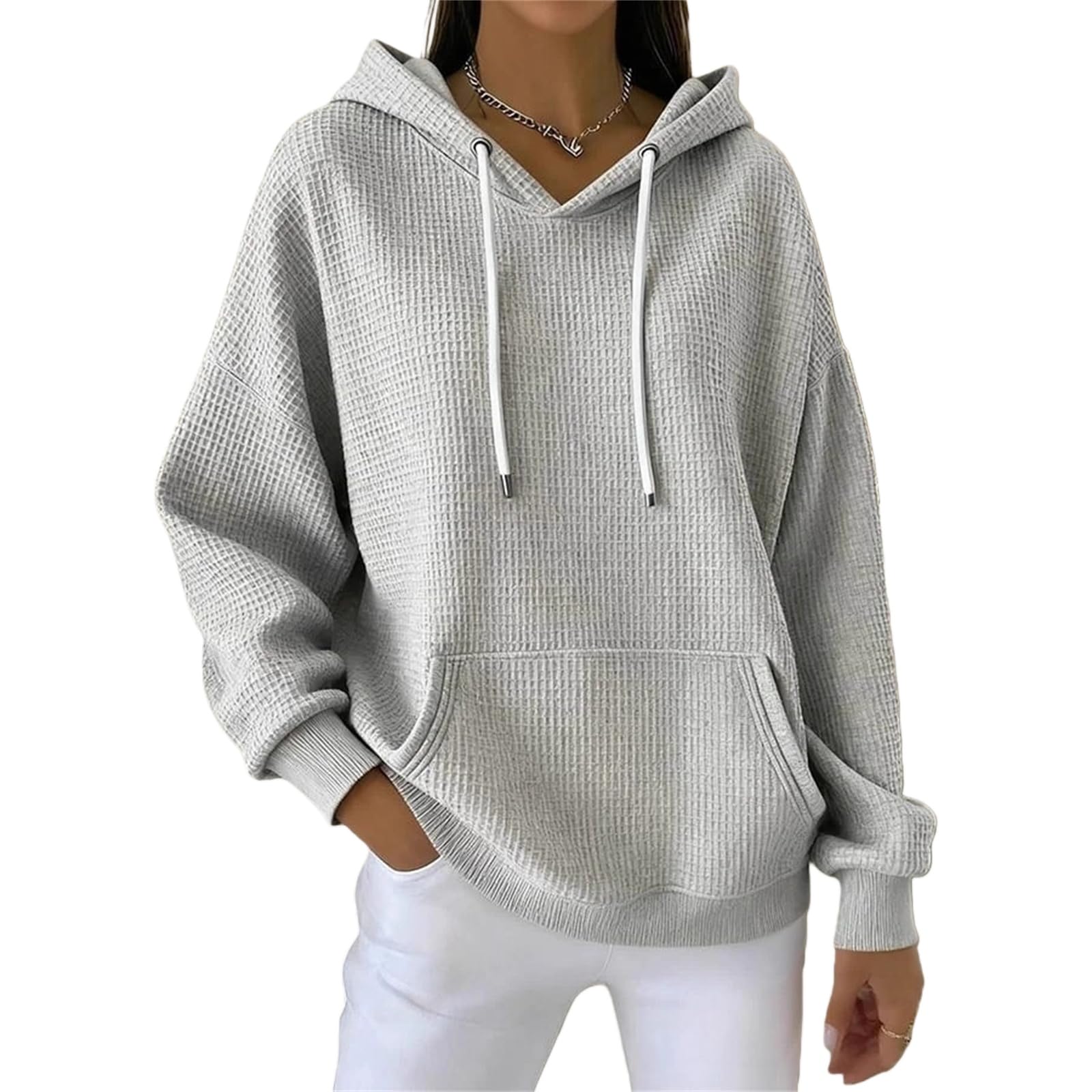 Damskie bluzy z kapturem na wiosnę jesień waflowe bluzy ze sznurkiem prążkowany sweter z dzianiny moda plus codzienne zimowe topy