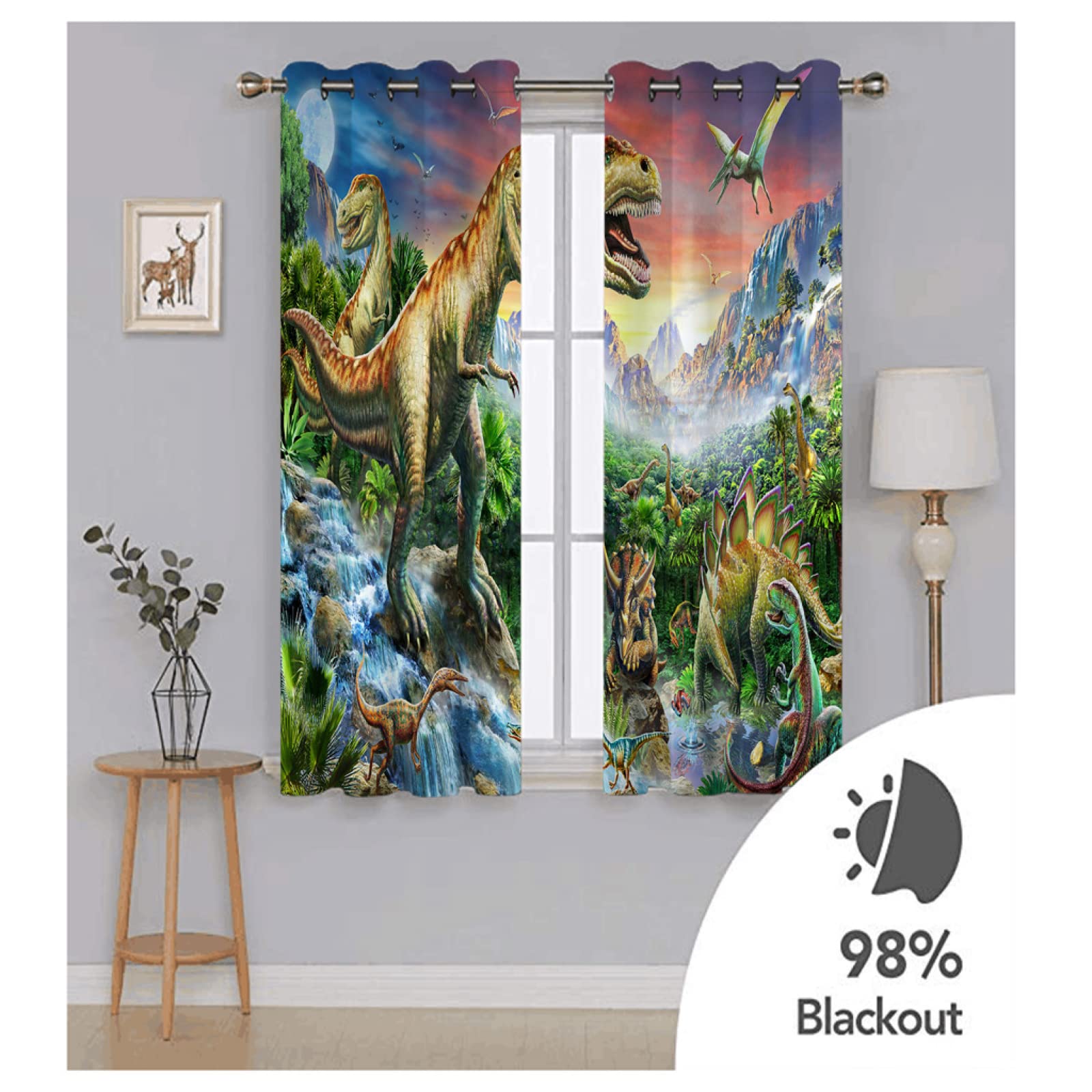 Rideaux Occultants Opaque à Oeillets Rideaux et Draperies Isolant Thermiques Anti Chaleur Chaud/Froid pour Fenêtre Enfant Adulte Chambre et Salon 2 Pièces x 132 L x 175 cm H Dinosaure