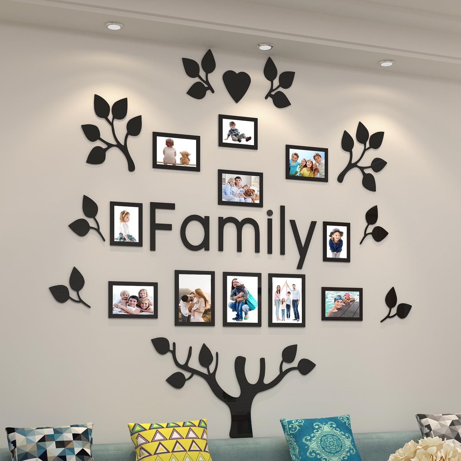 Family Tree Wall Decor Picture Frames Collage Home Decorations Acrylic DIY 3D Stickers Photo Collage Frame for Living Room Bedroom Gifts Black Large 59 * 59 inch