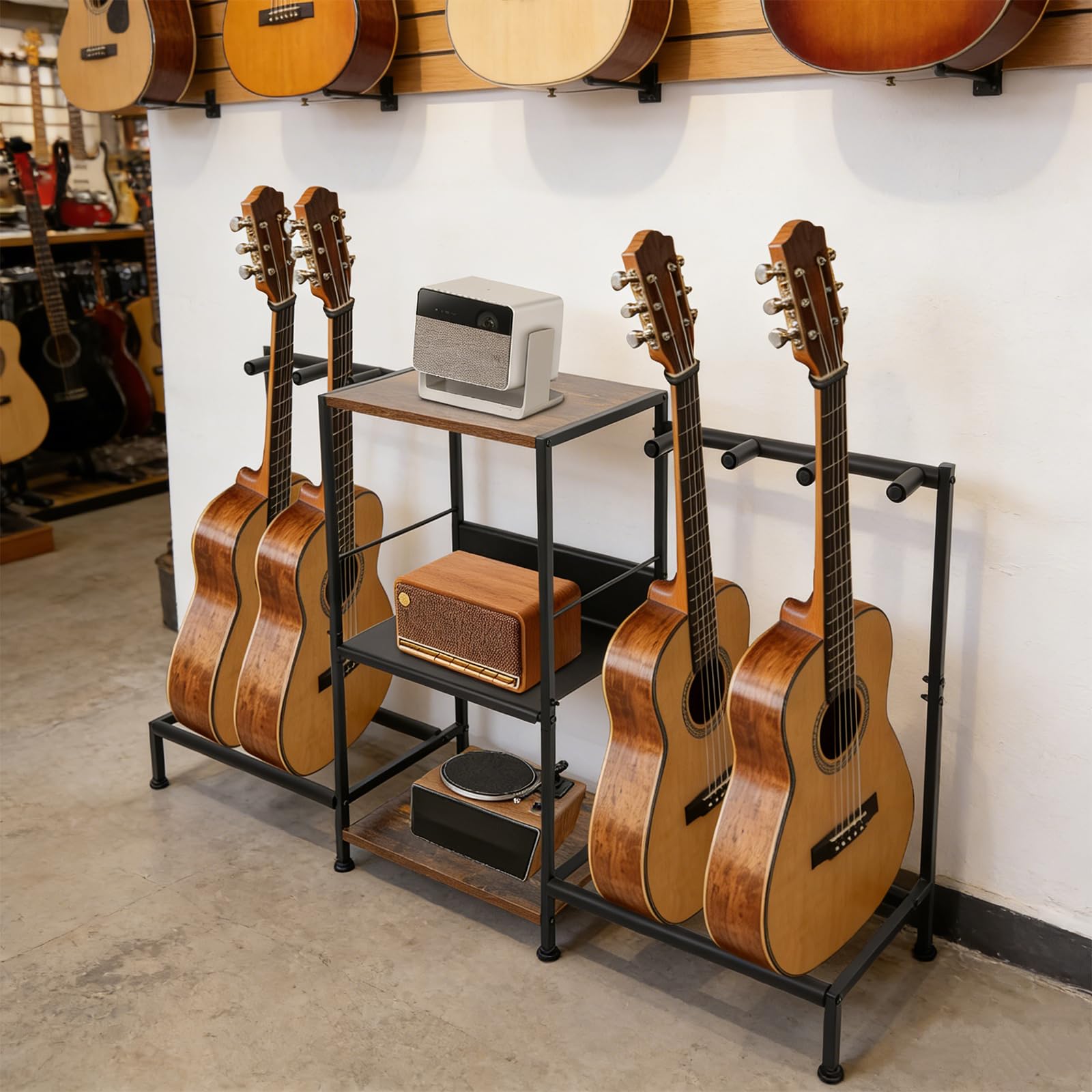 Stojak na gitarę z regałem na 2 gitary, stojak podłogowy, uniwersalny stojak na gitarę, 3 poziomy, do akustyki, gitary elektrycznej, basowej, studia, salonu
