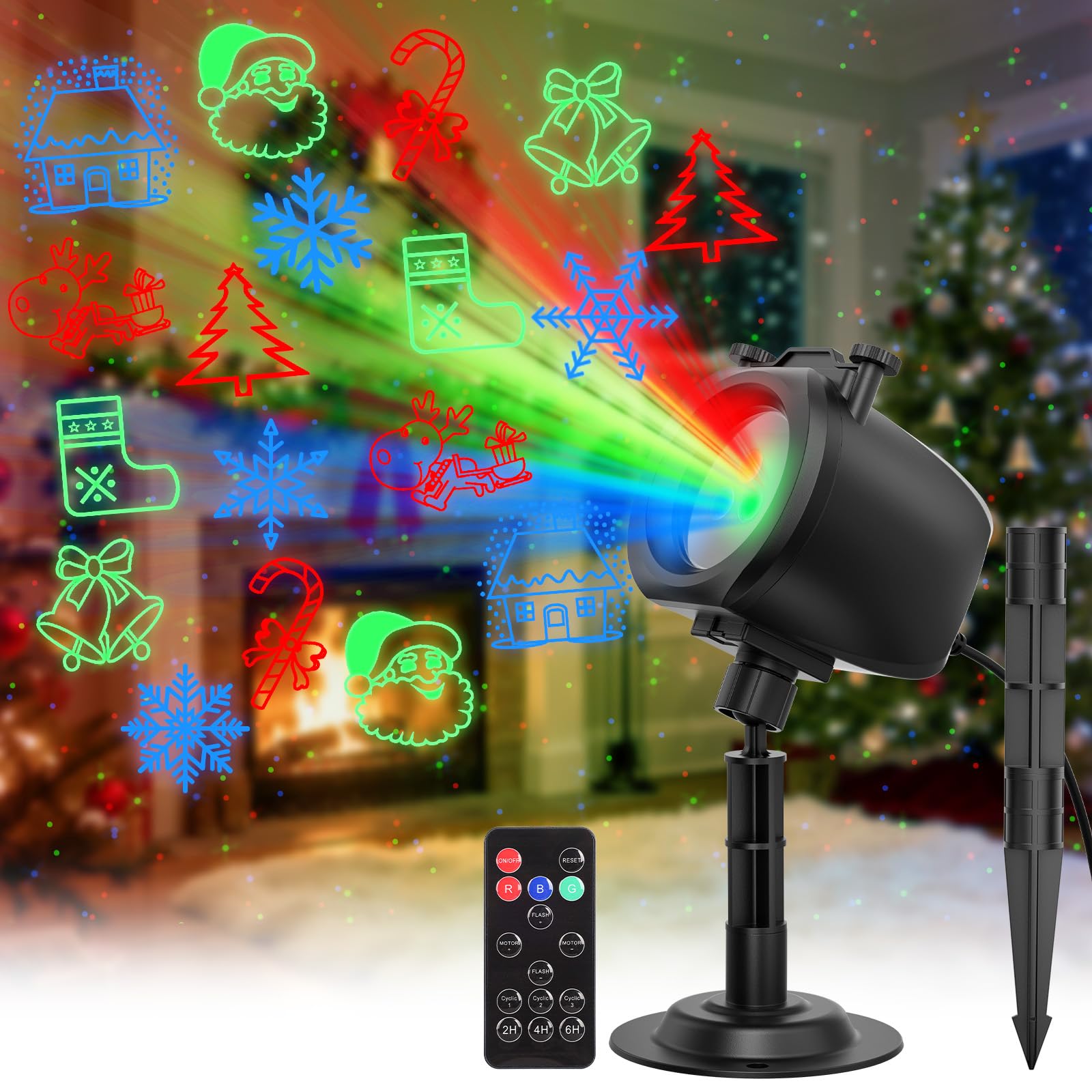 OUSFOT Projecteur Noel Exterieur, 3 Couleurs Rouge Vert Bleu Projecteur Laser avec Télécommande et Timing, 5 Cartes avec Noël,Halloween,Fête, Parties, Point Laser, Cadeau pour Festival