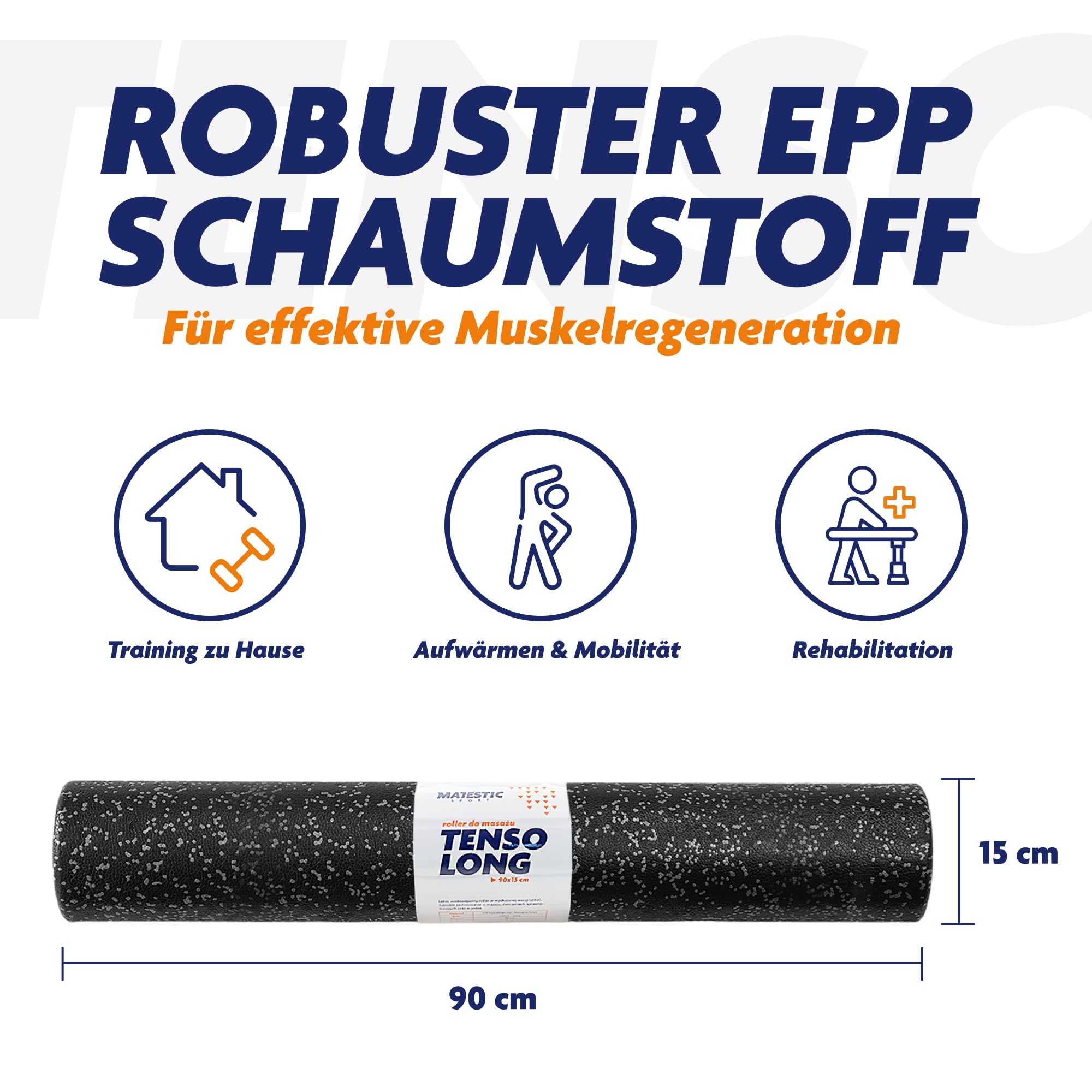 Tenso Long, Schaumstoff-Fitnessrolle, Pilates Roller, Schaumstoffrolle für Yoga, Länge: 90cm