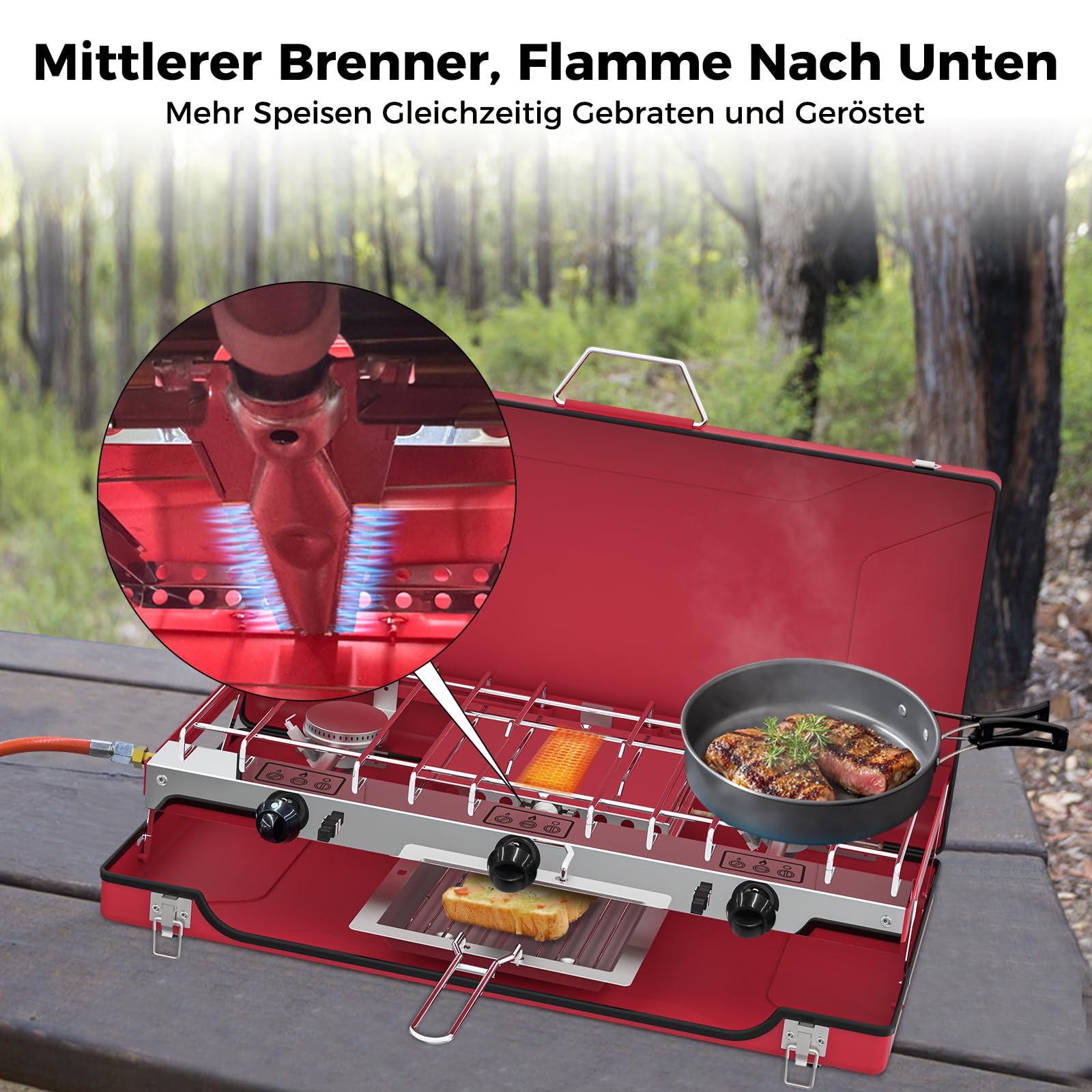 CAMPLUX JK-5330-DE Campingkocher 3-Flammig mit Deckel, 4.5kW Camping Gaskocher mit 50mbar Gasregler, Butan/Propan, Winddicht