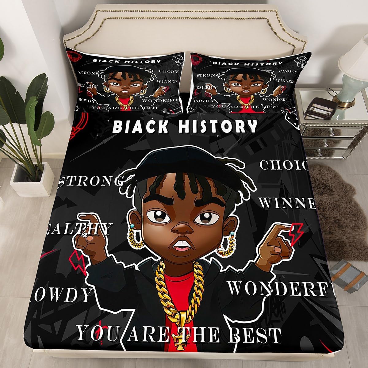 Erosebridal Afro Girl Full Bed Sheets for Kids Boys Girls Black Princess Fitted Sheet, African American Female Bedding Sets 3 Pieces