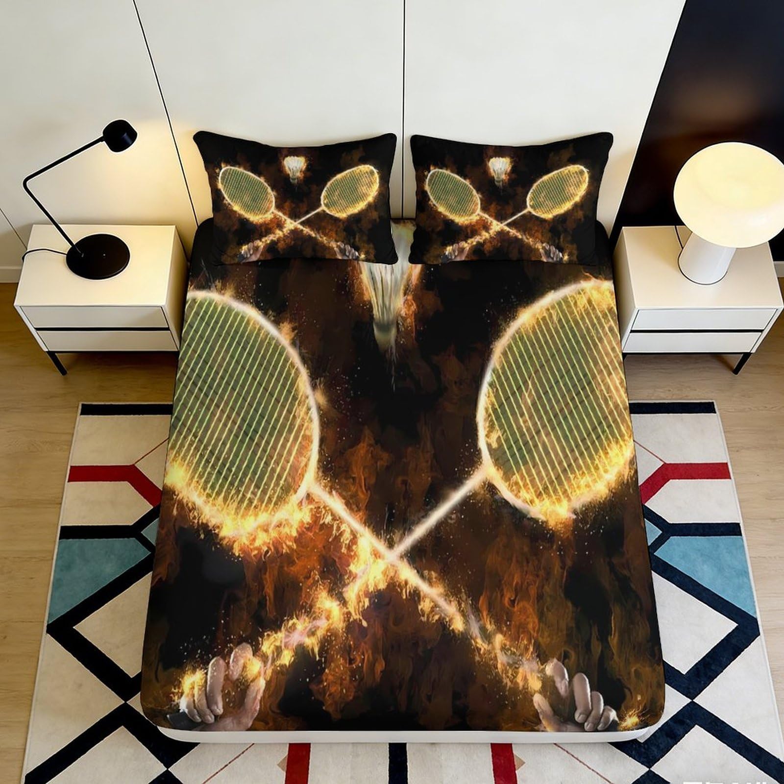 3D Printed Flaming Tennis Racket Fitted Sheet Microfiber Soft Breathable Fiery Sports Bed Cover for Bedroom Dorm Mattress Decor 90x200x25cm