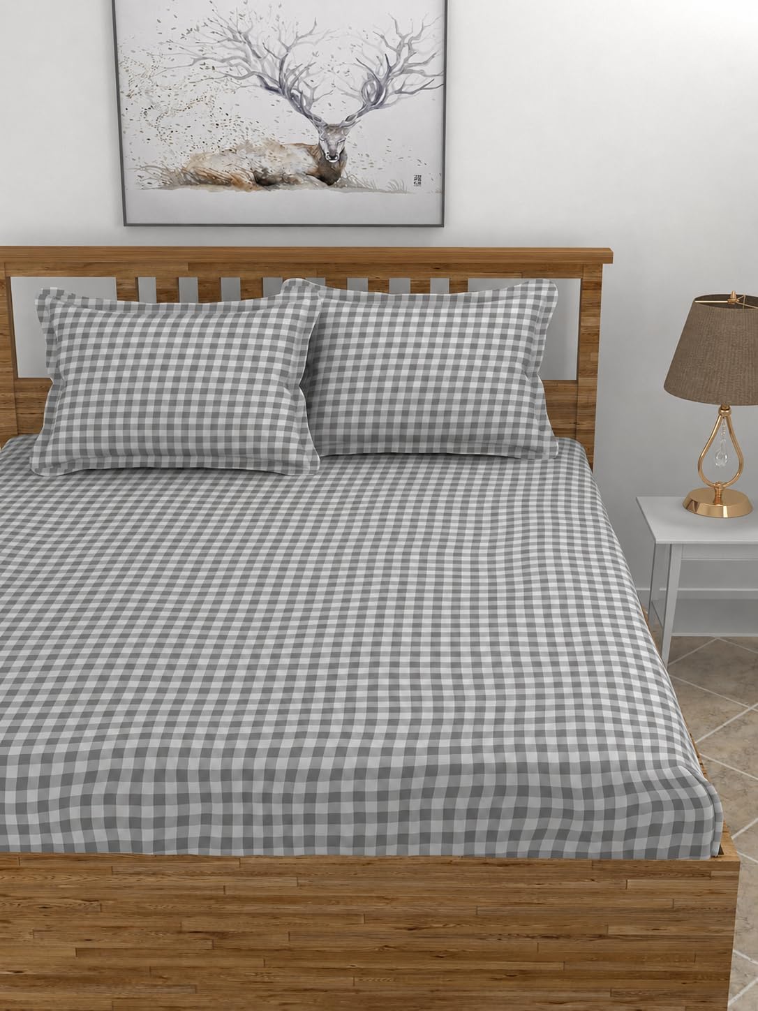 Jashan 210 TC Premium Glace Cotton Comfort Checked Design Bedsheet with Pillow Cover – Ultra Soft Cotton King Bed Sheet for Daily Comfort - Grey Check 72x78x10 Inche-image-4